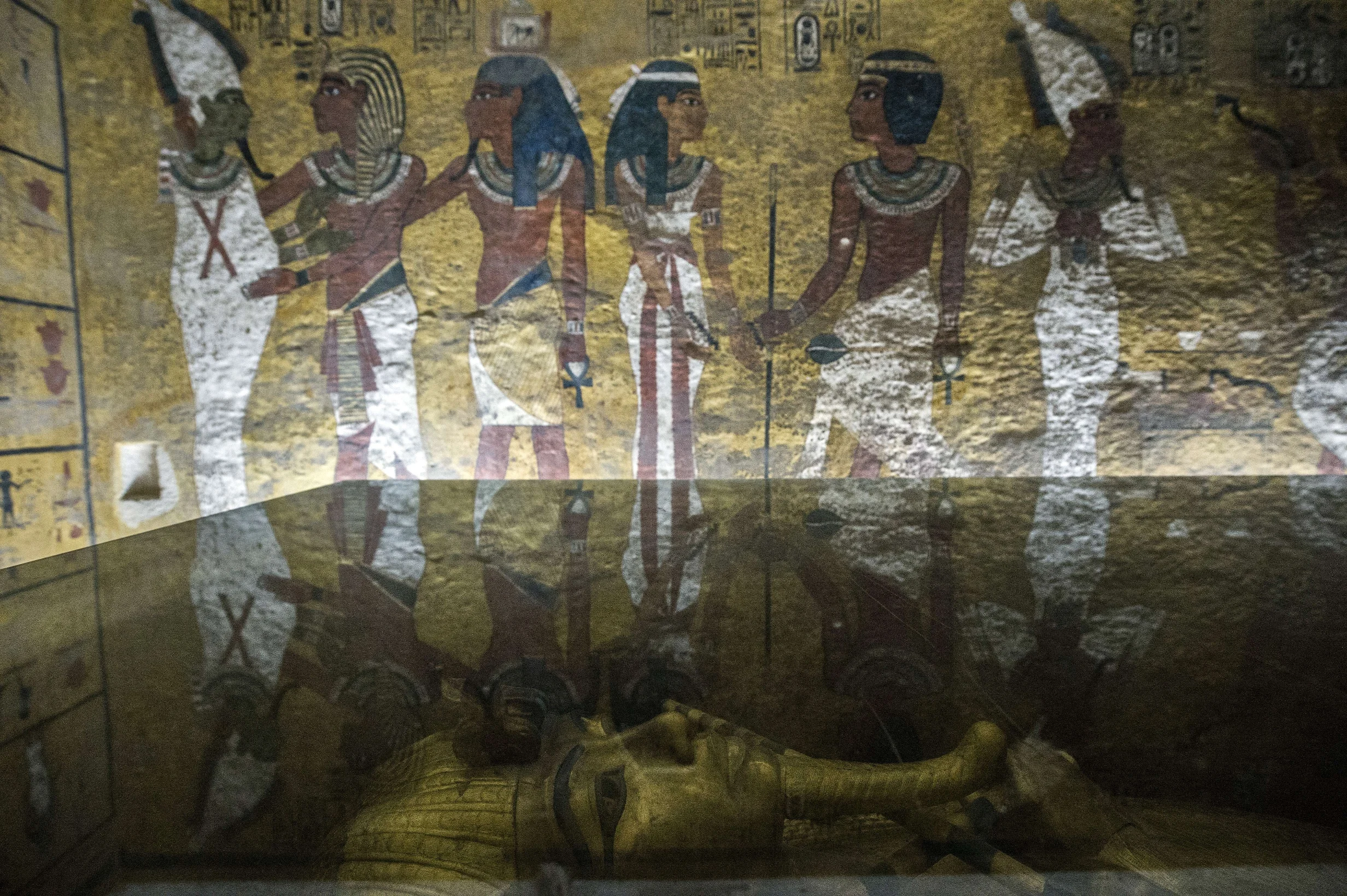 It's unlikely that Tutankhamun knew that he was going to spend eternity in a hand-me-down tomb. His intended tomb, very likely one that his successor, Ay, appropriated for himself (WV 23), is in a quiet, western branch of the Valley of the Kings. In this image, Tutankhamun's golden outer sarcophagus watches serenely from under glass in the burial chamber of his famous tomb. Photo: Nariman El-Mofty.