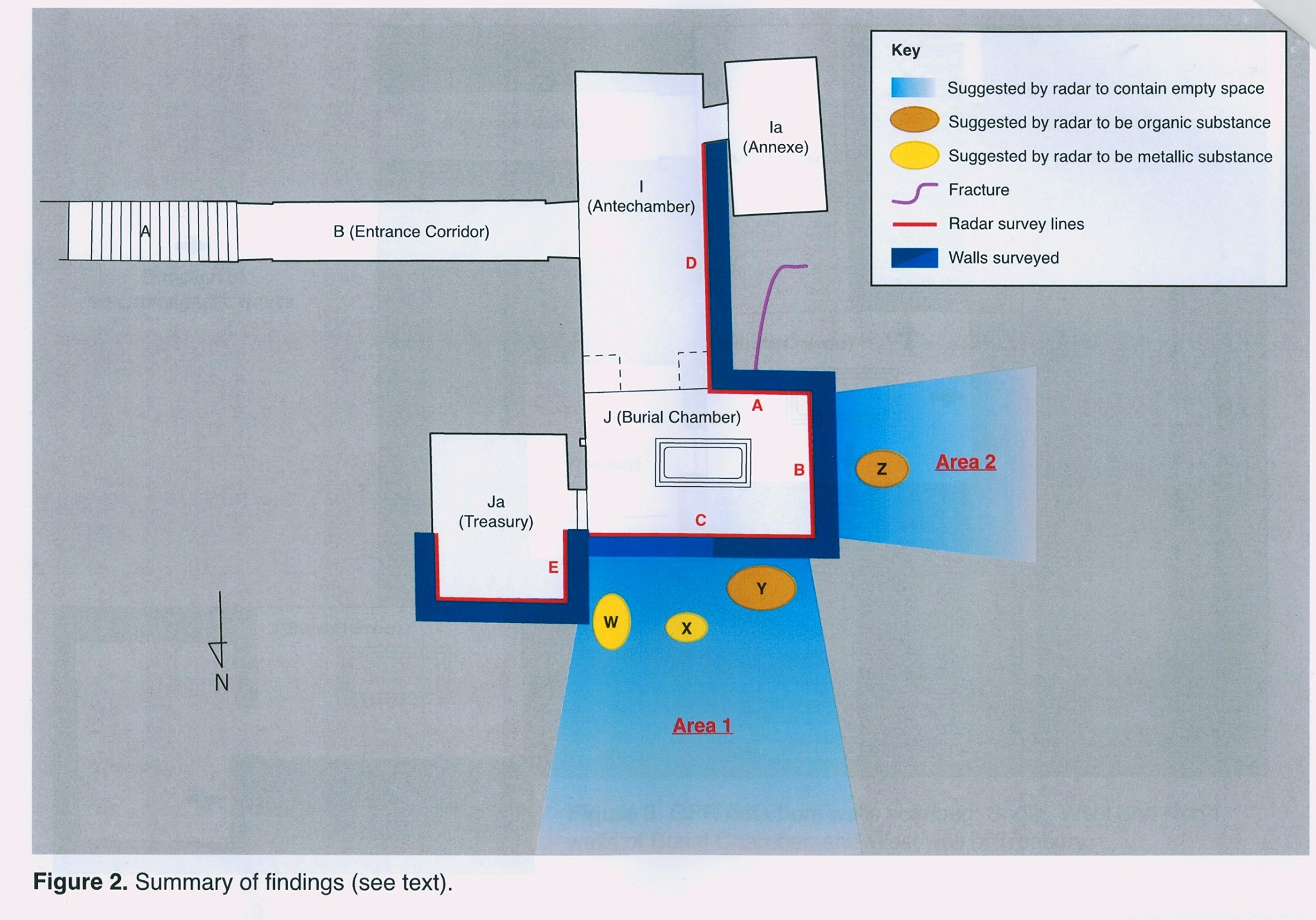 The radar scans indicate that the north and west walls of Tutankhamun's burial chamber are not only hiding secret chambers, but also organic and metal substances. Image: Ministry of Antiquities.