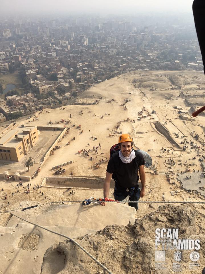 Benoit Marini from the ScanPyramids team on his way to Notch N2 for 3D scan operations. Photo: Mehdi Tayoubi.