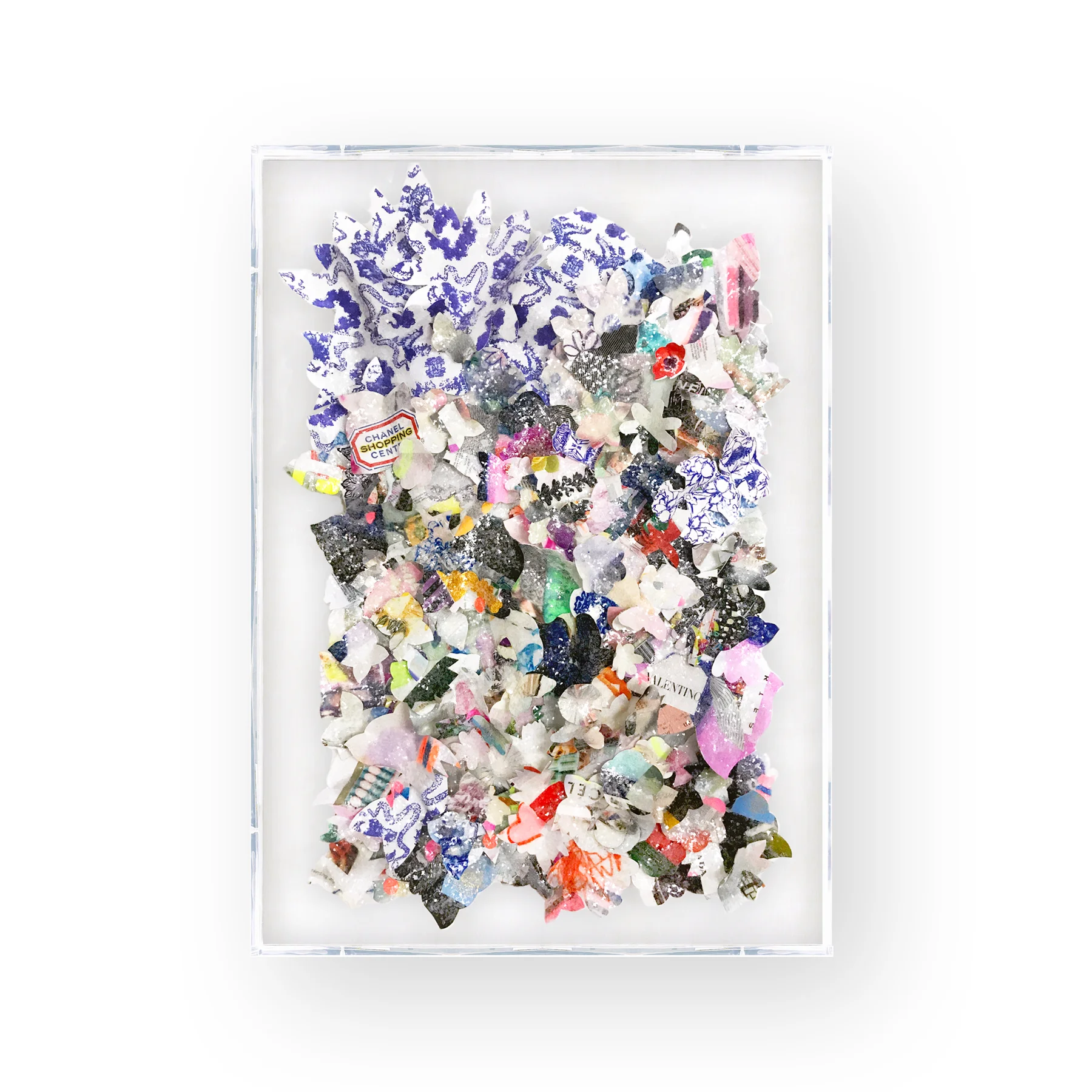 "GLIMPSE #3," 23X35, HAND-CUT, MIXED-MEDIA COLLAGE WITH GLASS CRYSTALS ON CANVAS.