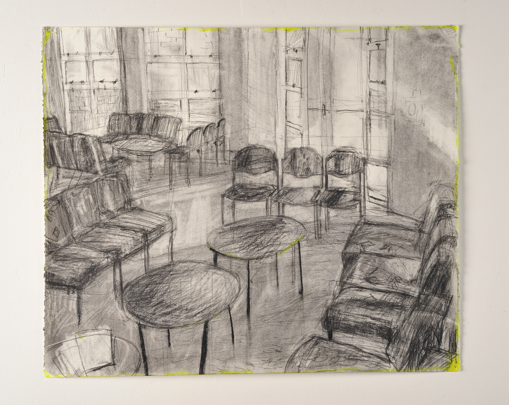  SHUTTER SPEED LUMINOSITY  Friends of chairs (foyer)  Charcoal and highlighter  55cm x 42cm, 2010    
