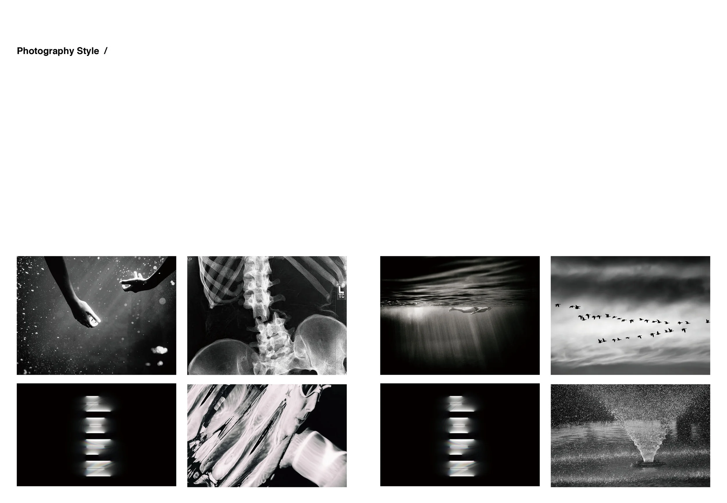 For photo style, I use black and white to create contradiction, and I want to use light as element, natural light represent camera, led light represent printer and x ray represent medical.