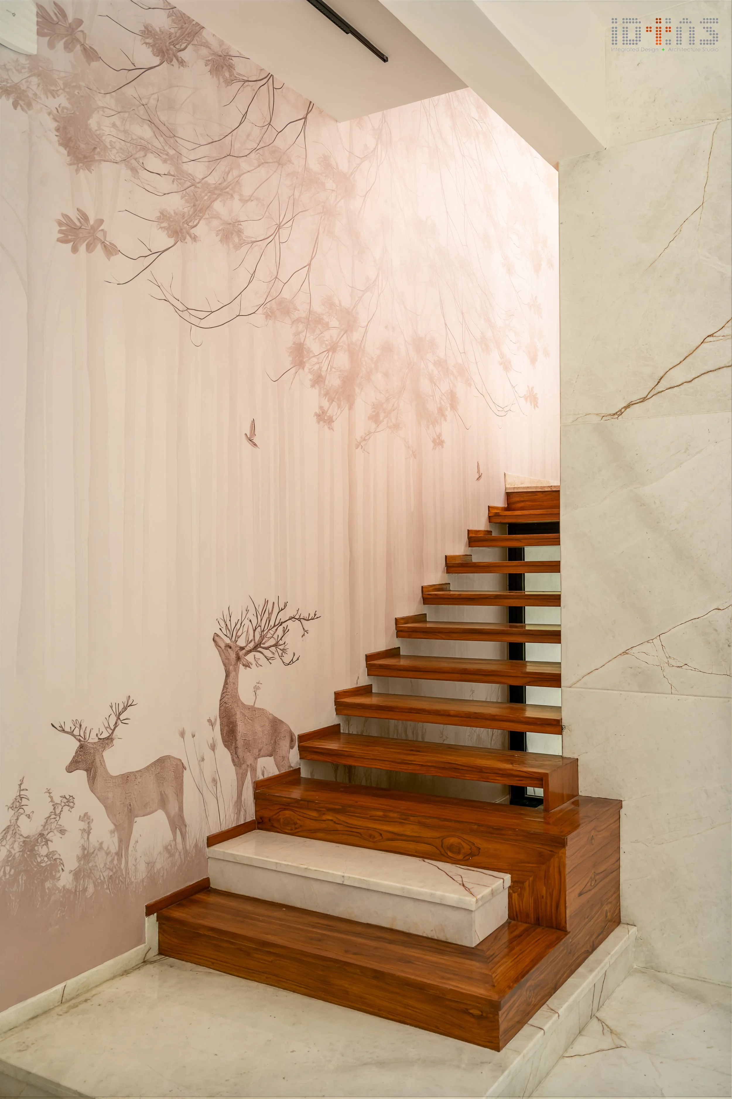 Stair treads against a mural wall