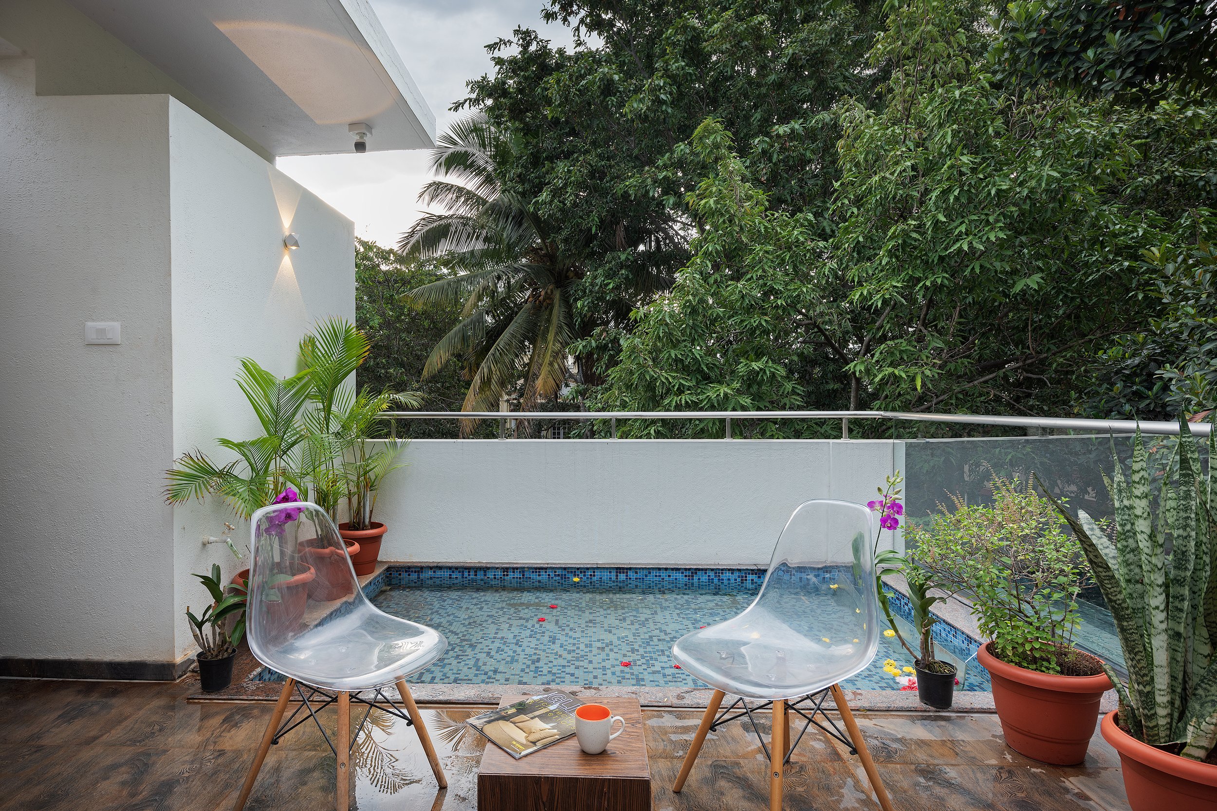 Terrace with a plunge pool and trees