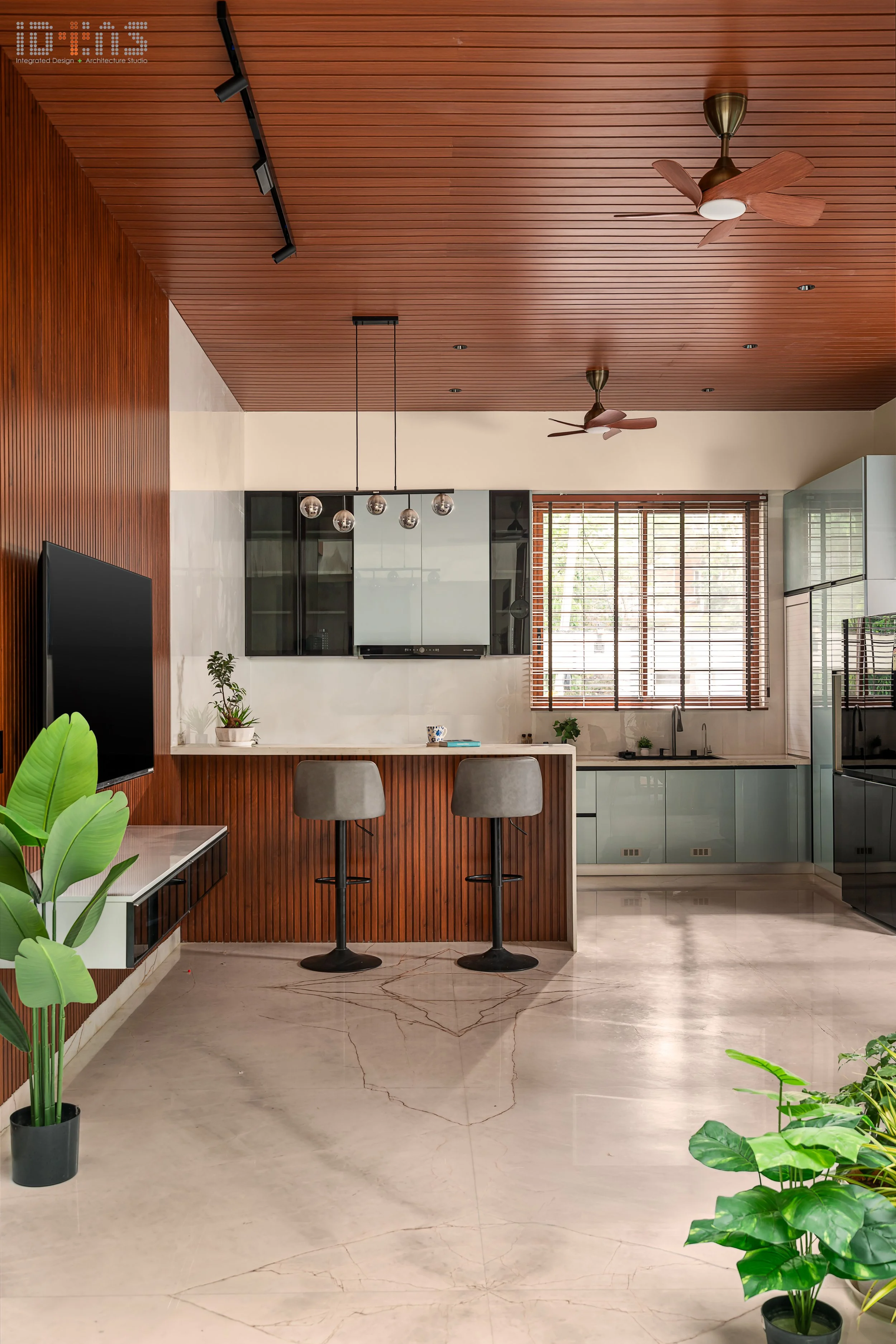 Kitchen with a timber ceiling