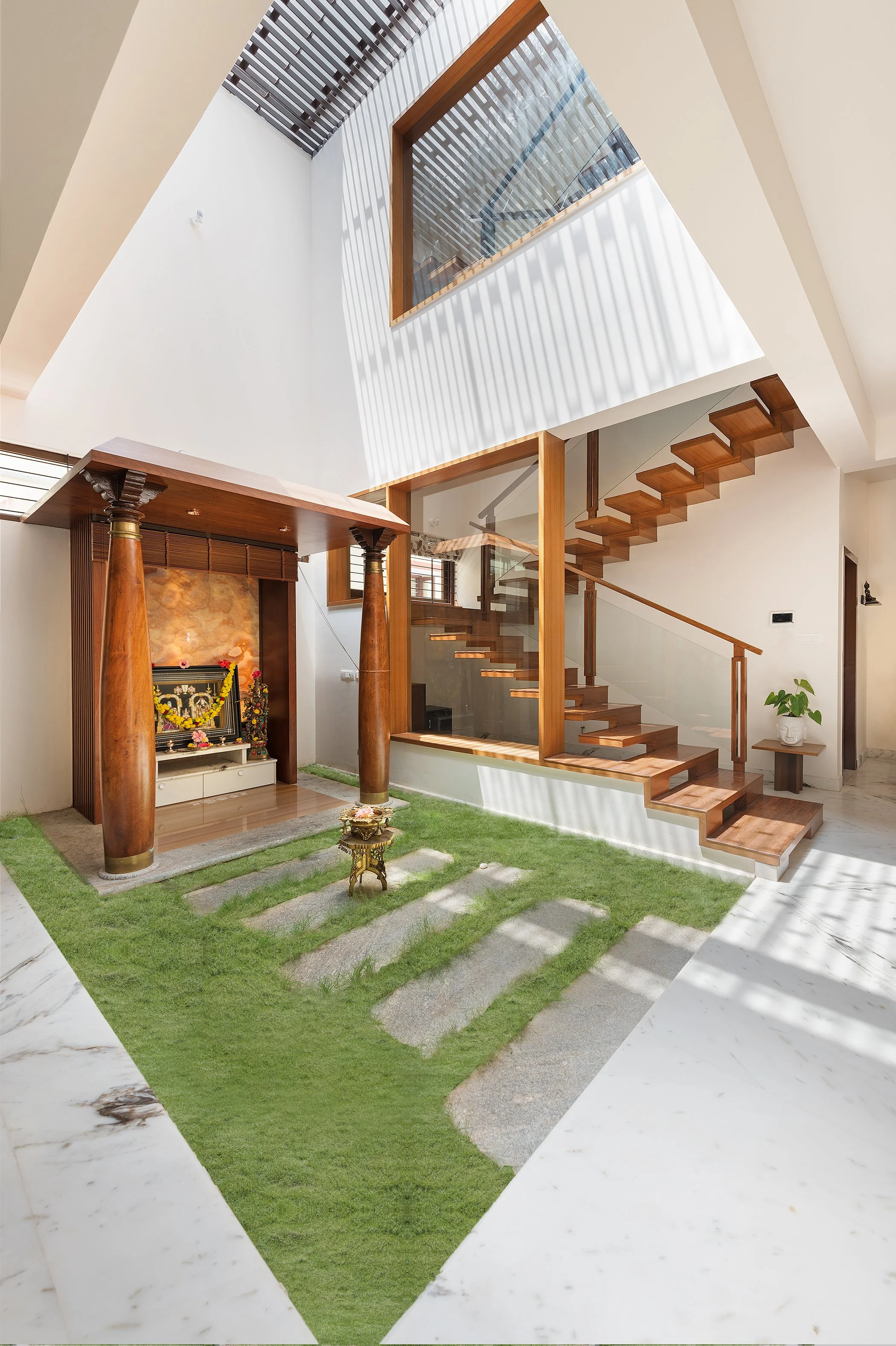 The courtyard under the L-shaped skylight