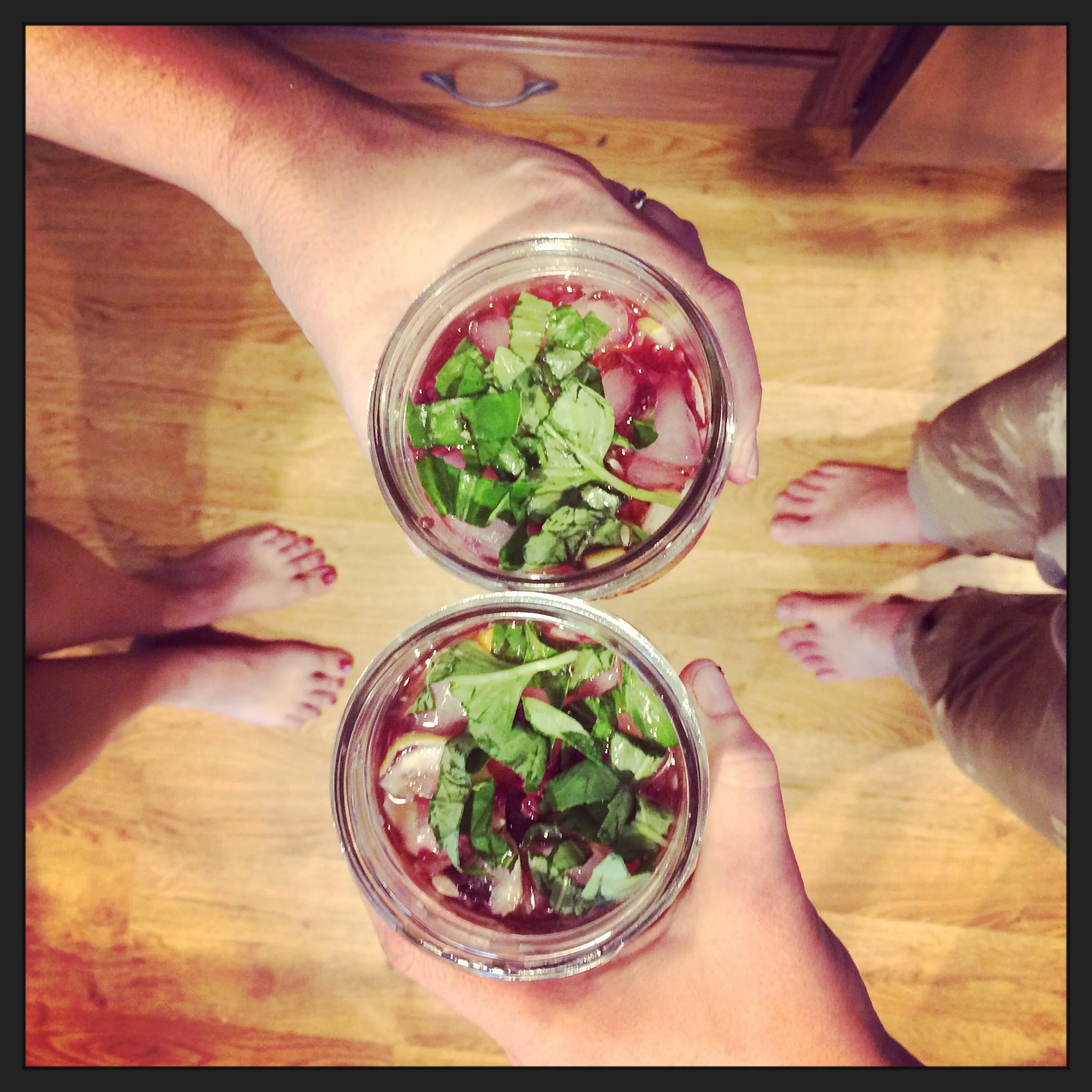 Emily and I insisted on having a farmstead cocktail while we worked on dried herbs. 