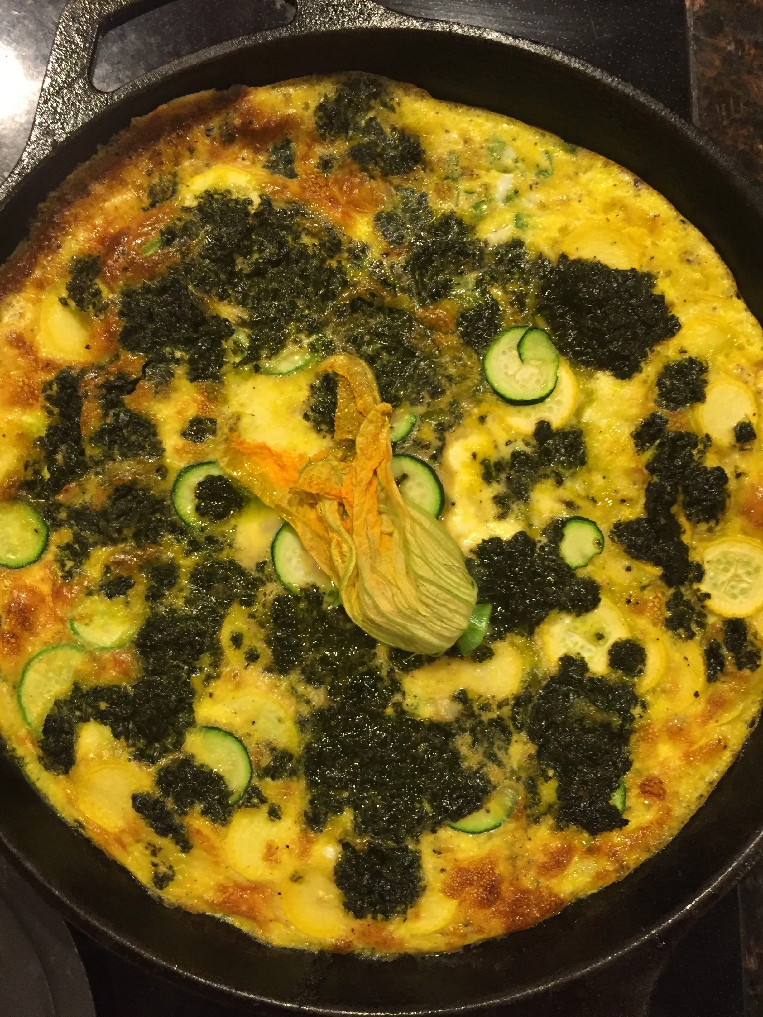 Squash, zucchini, homemade cheese, garlic scape frittata with pesto and a squash blossom on top. 