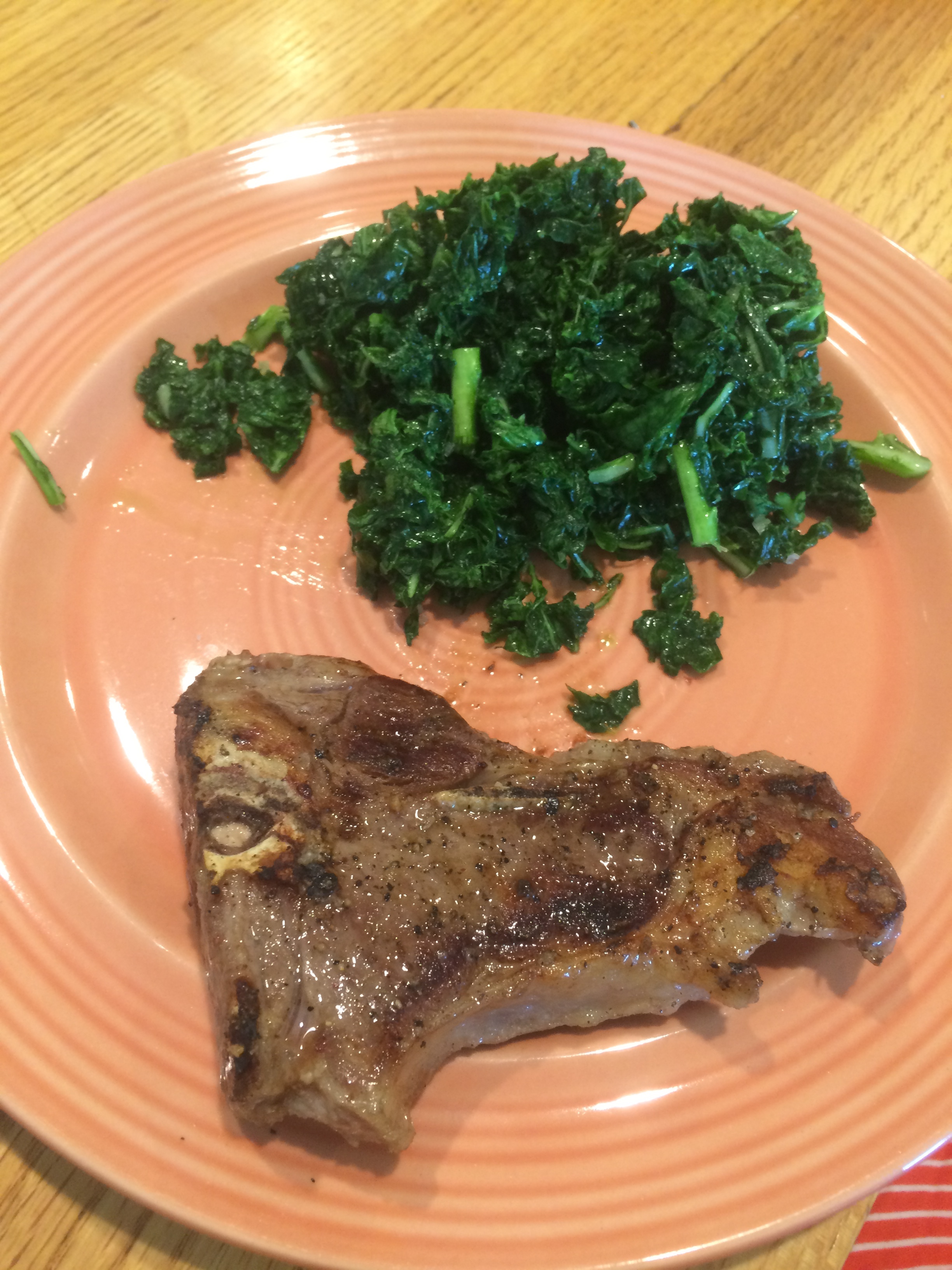 On a day I was feeling low energy and a little low in iron I had one of our lamb t-bones and a massaged kale salad. 