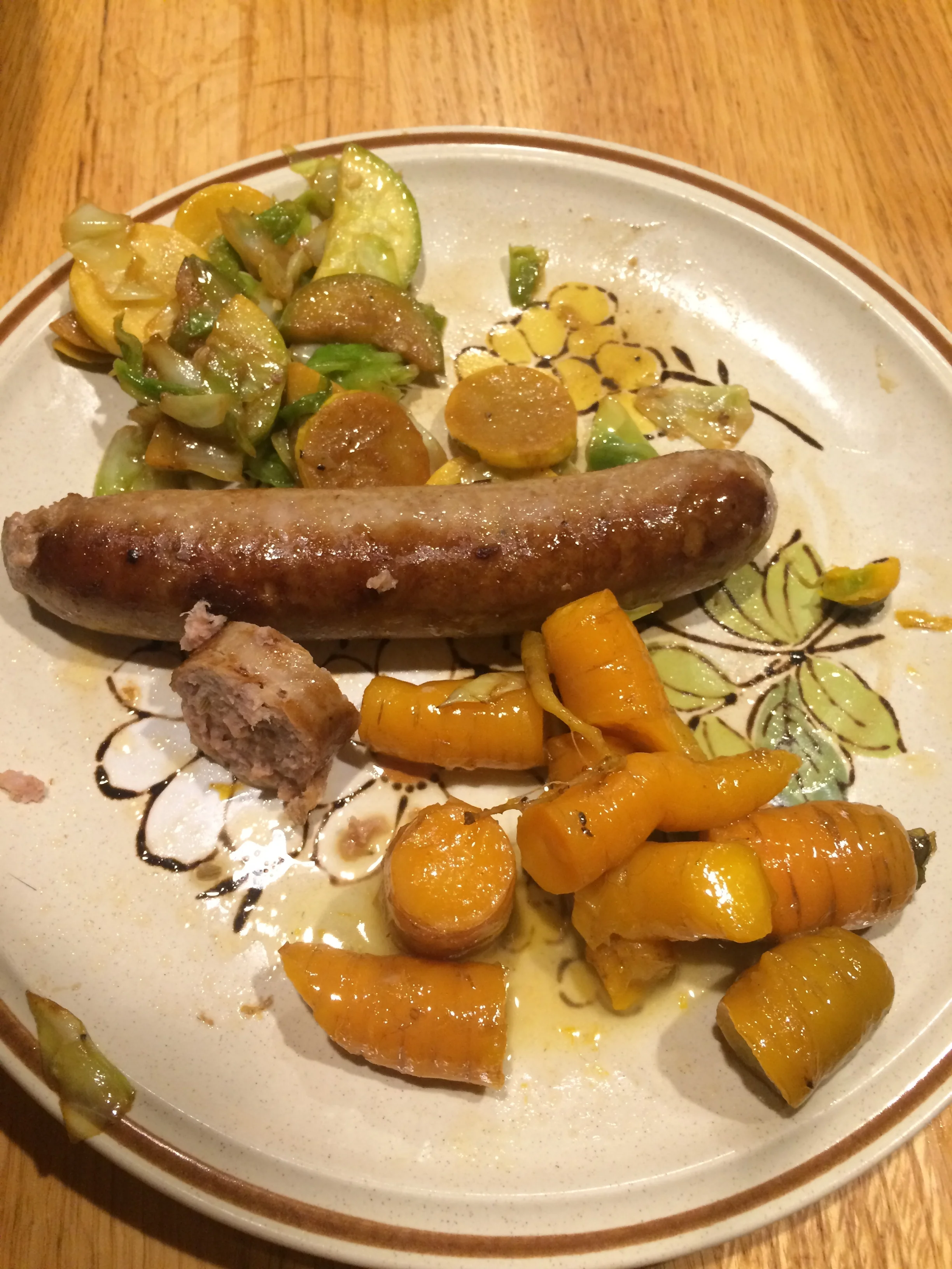 Dinner tonight was sauteed squash and cabbage, bratwurst from Peaceful Pastures, Boiled carrots tossed in butter and a hint of maple syrup. 