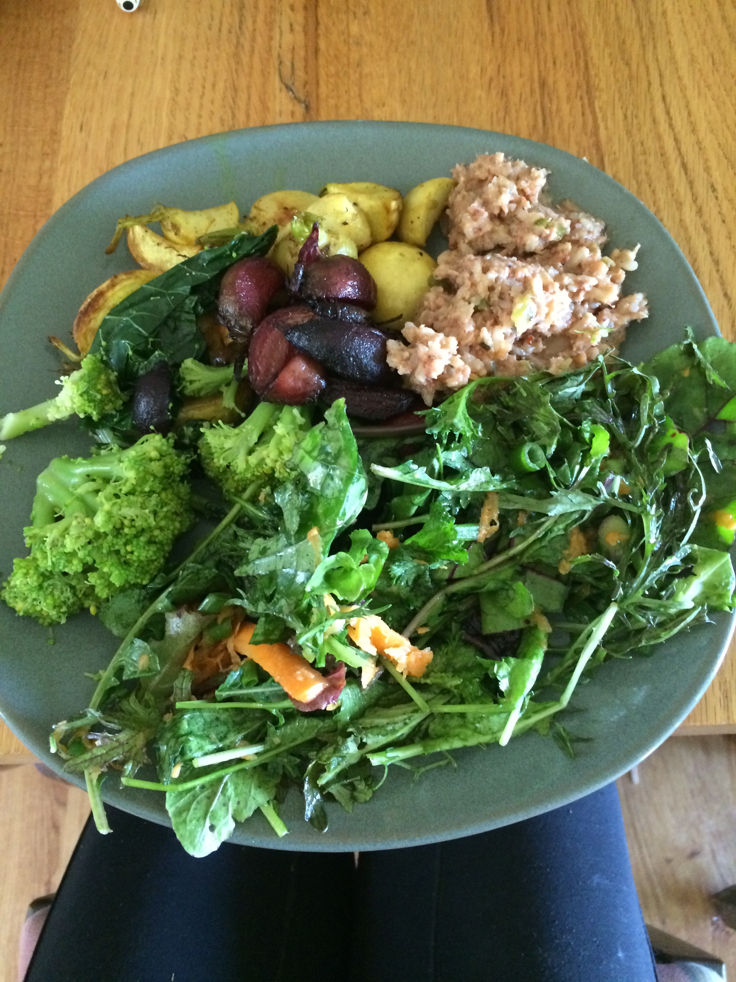 Devan always makes great lunches and there are like 5 different things on the plate! Today it was mixed greens salad with kale, arugula, mustards, carrots, green onions, purslane, and a lemon vinaigrette, steamed broccoli, turmeric and orange zest roasted turnips, cinnamon roasted beets, a smoked sausage dish from Husk, millet, and lentils! 