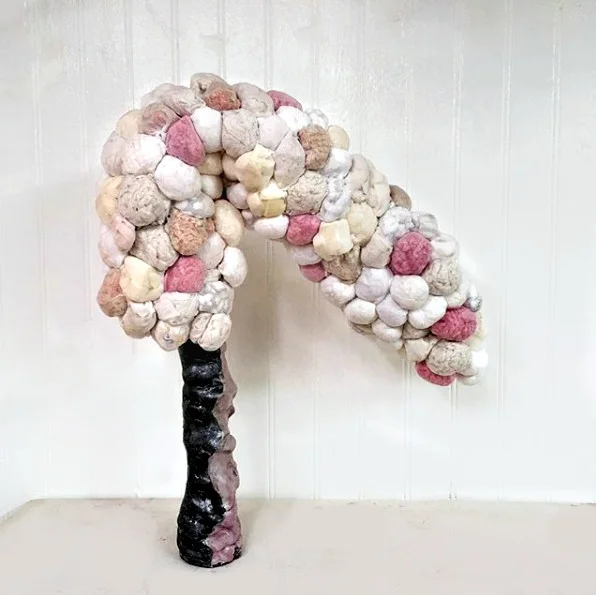Scrape (2018) ceramics, nylon stockings, knitted blanket, towels, q-tips, rug mats, mop, sponges, silk slips, bath loofahs, napkins, bath mats, balloons, packing peanuts, cotton balls, face pads, underwear, dye, micah powder, paint 18” x 16” x 10”