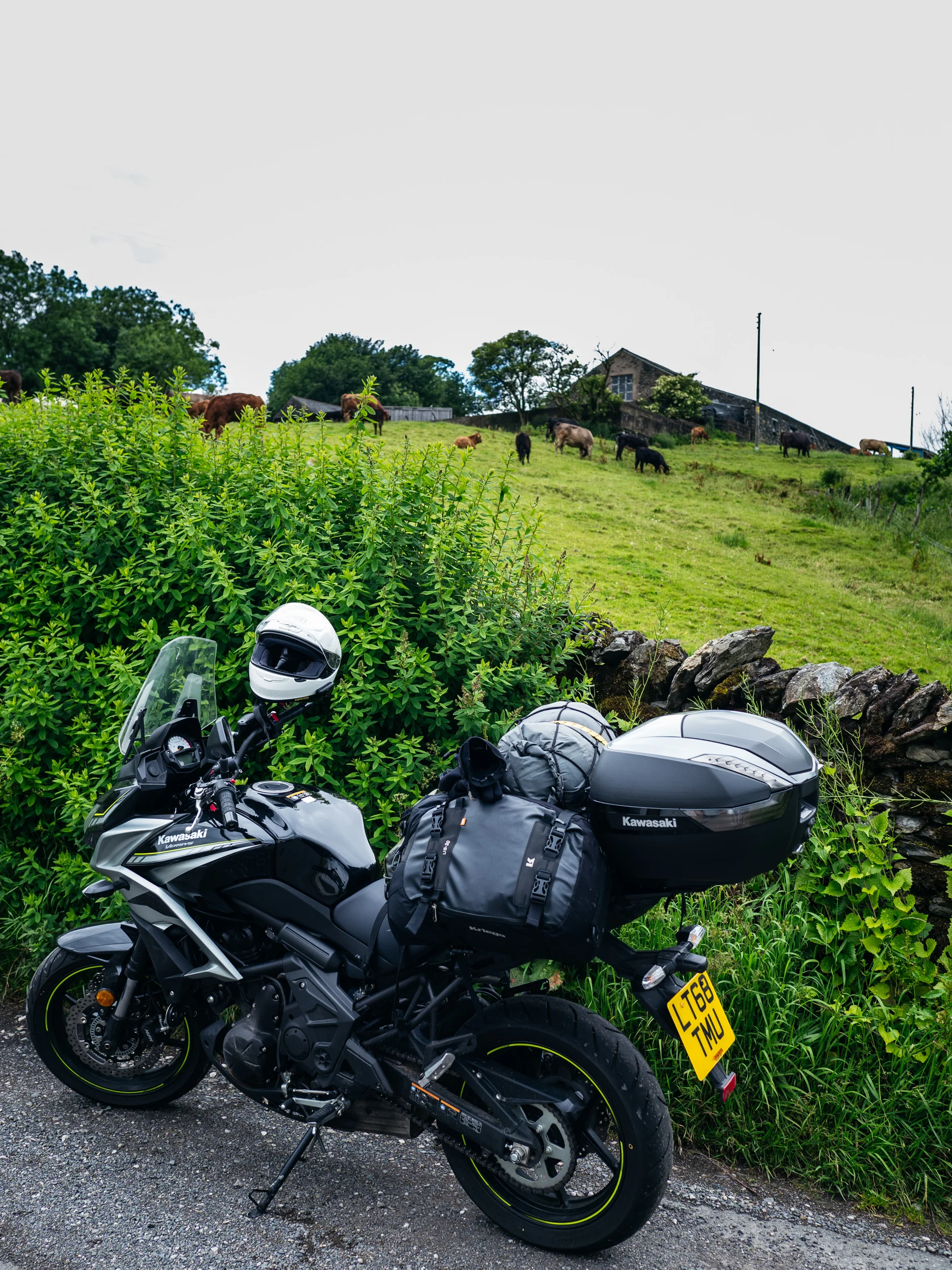 The Kawasaki Versys 650 loaded with gear in Cumbria, UK.