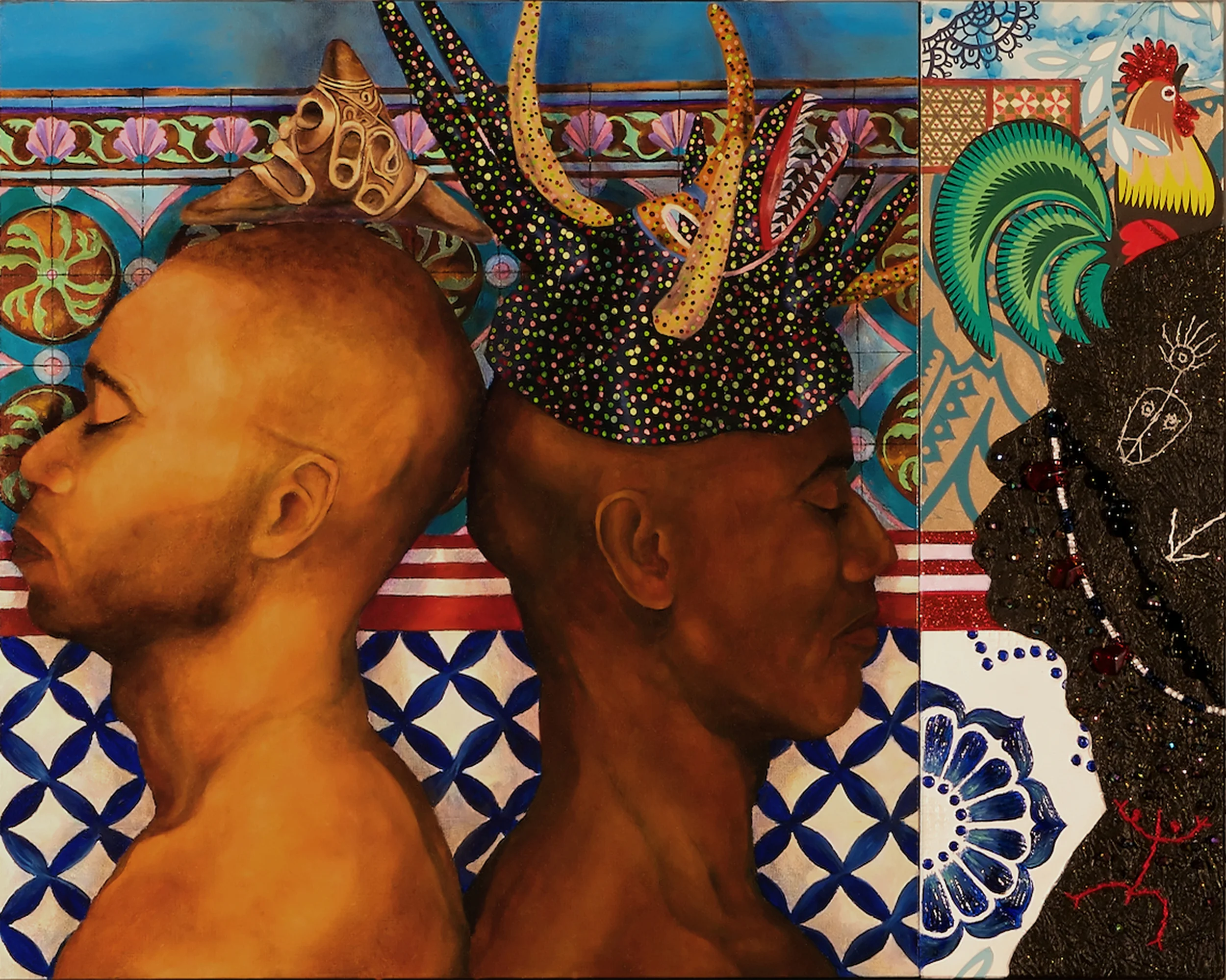 Reflejando mis Raices 2012, diptych, oil on wood panel, beads and paper, 16” X 20”