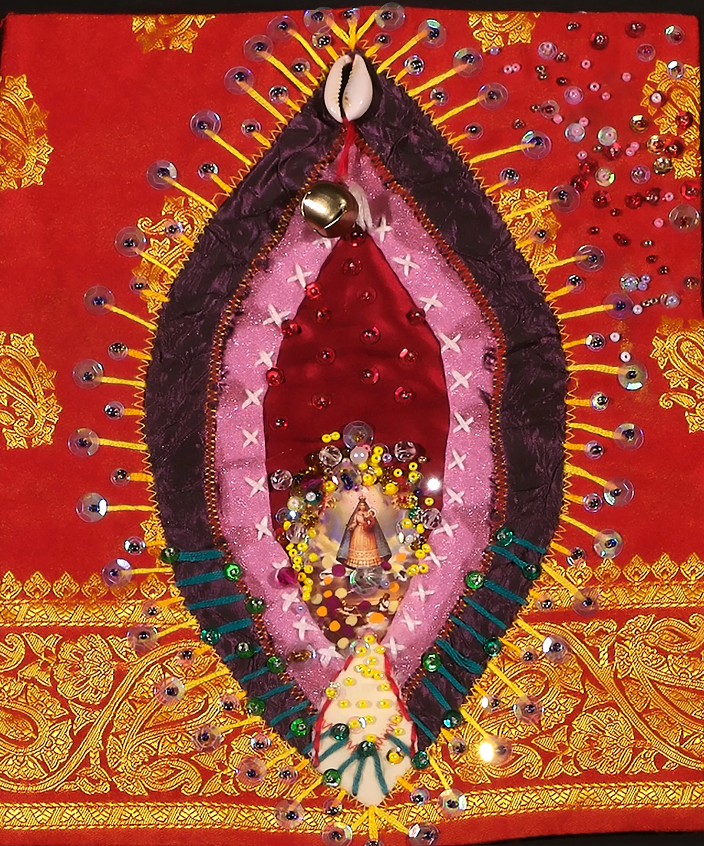   Ochun Deep Within  2000, fabric, prayer card,&nbsp;embroidery,&nbsp;jingle bells cowrie shell, &nbsp;9” x 8” 