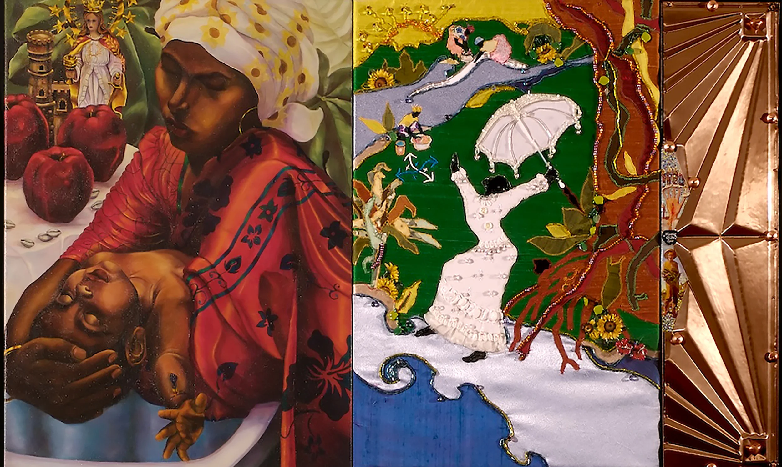 Migration of the Spirit 2011, triptych, oil on canvas, beaded fabric, copper, 24” x 40”
