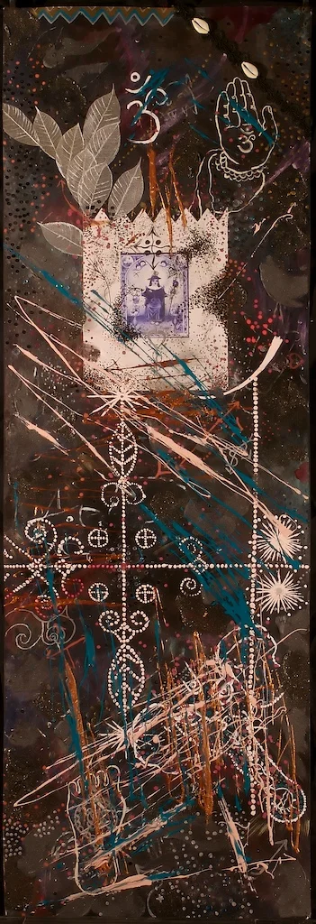 Eleggua meets Ganesh 2003, acrylic on paper, 54" x 18"