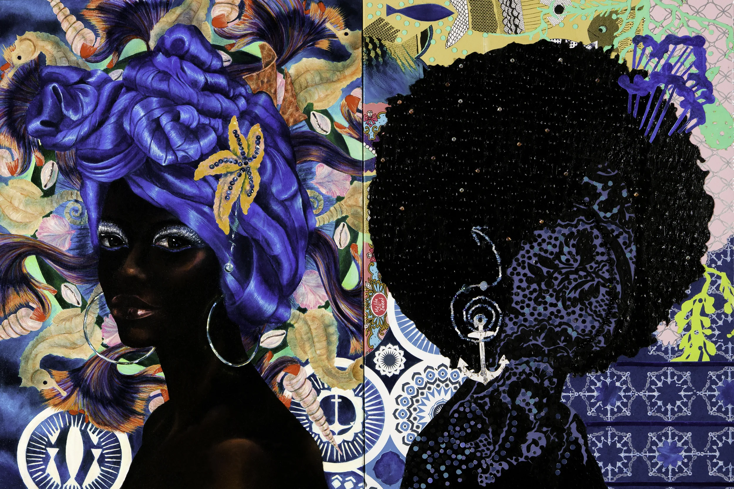   Afrofuturism Yemaya,  2015, diptych, oil on wood panel, mixed media, 24" x 36" 