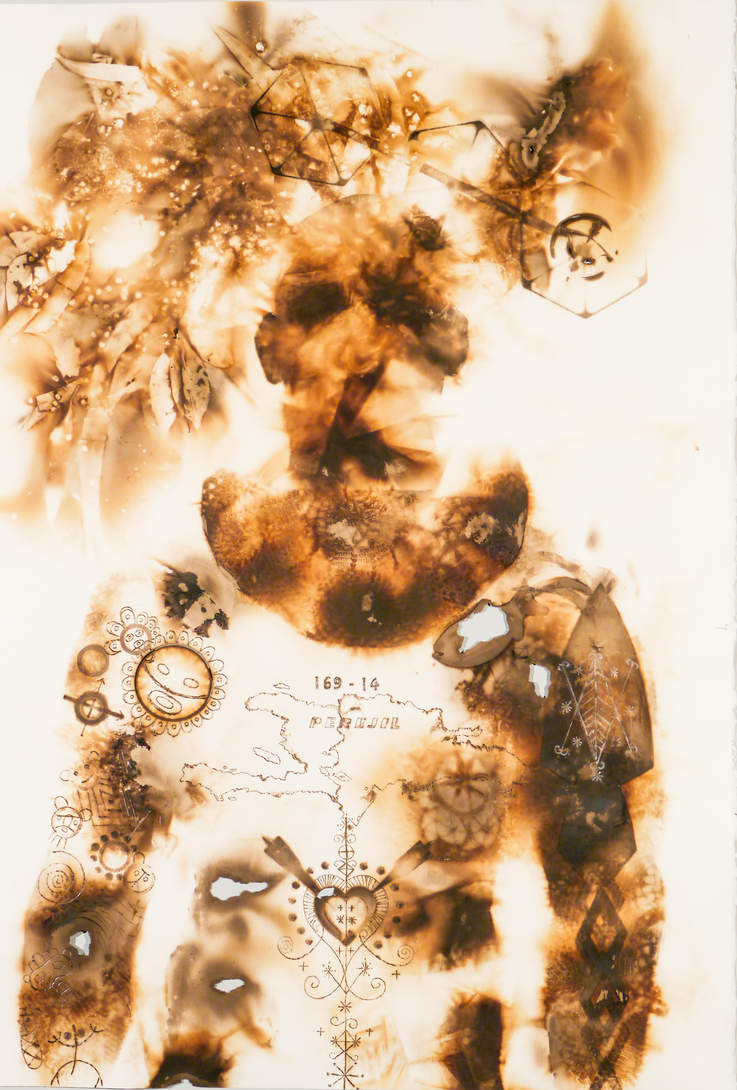Haiti & Dominican Republic: One Island Two Worlds , 2015, burning on paper, 24” x 36”