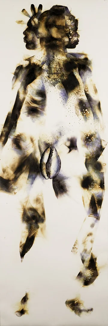 Shaman 3 , 2017, burning on Arches oil paper, oil paint, 6 feet x 24”