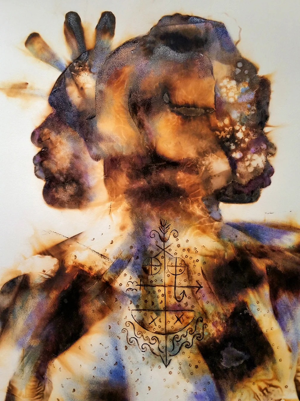 Shaman 3 , 2017, burning on Arches oil paper, oil paint, 6 feet x 24” (DETAIL)