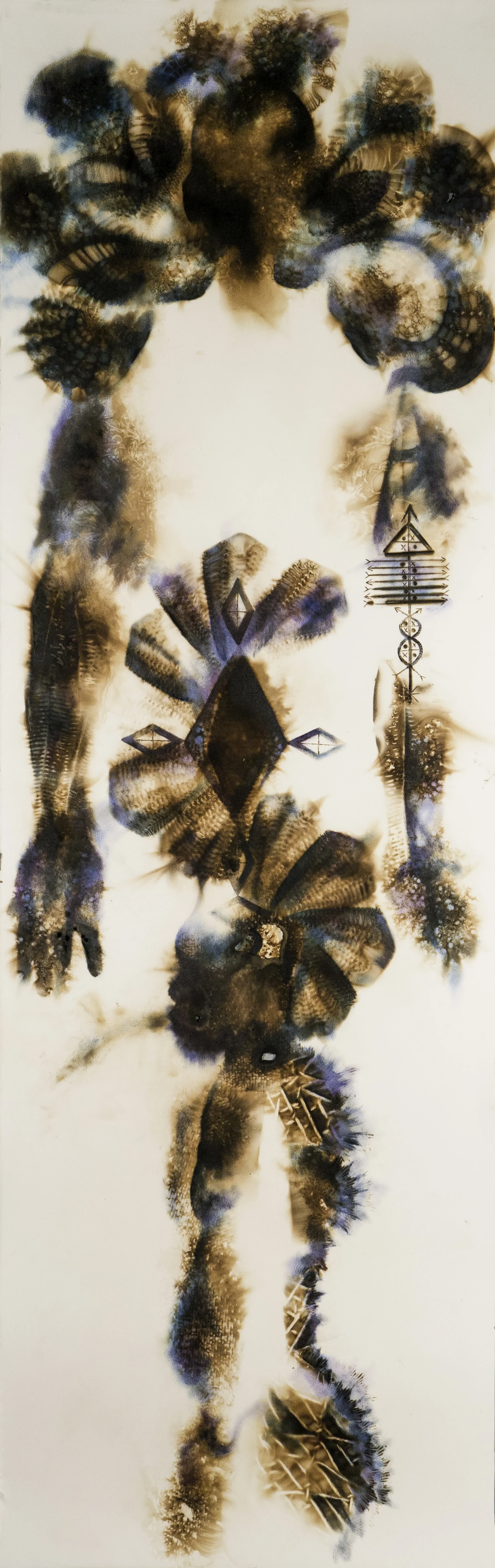 Presence , 2016, burning on Arches oil paper, oil paint, 6 feet x 24”