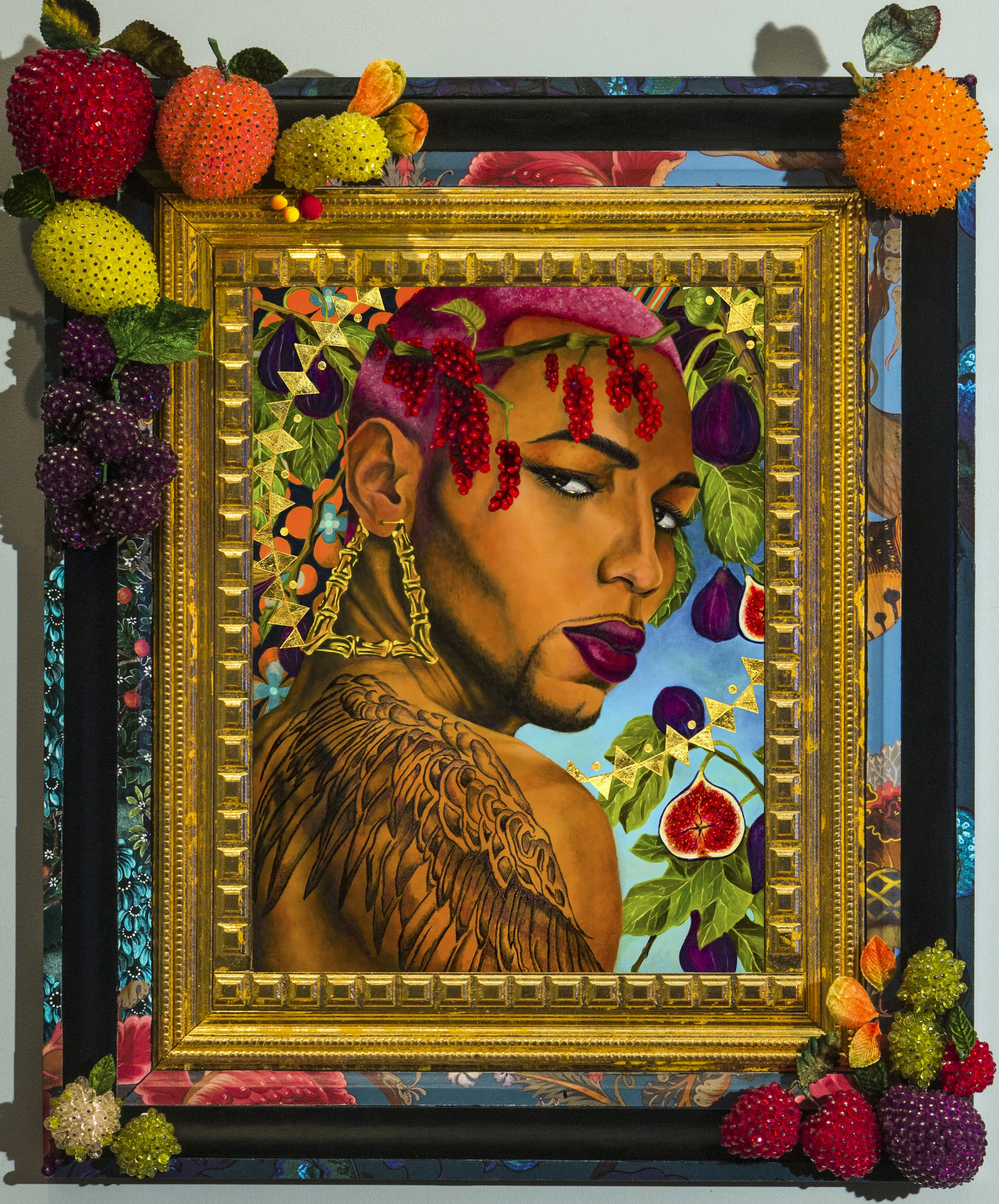  Saint Papi Chulo,  2020, oil on wood panel, 24k gold leaf, vintage beaded fruits, 26” x 21.5” overall size. 
