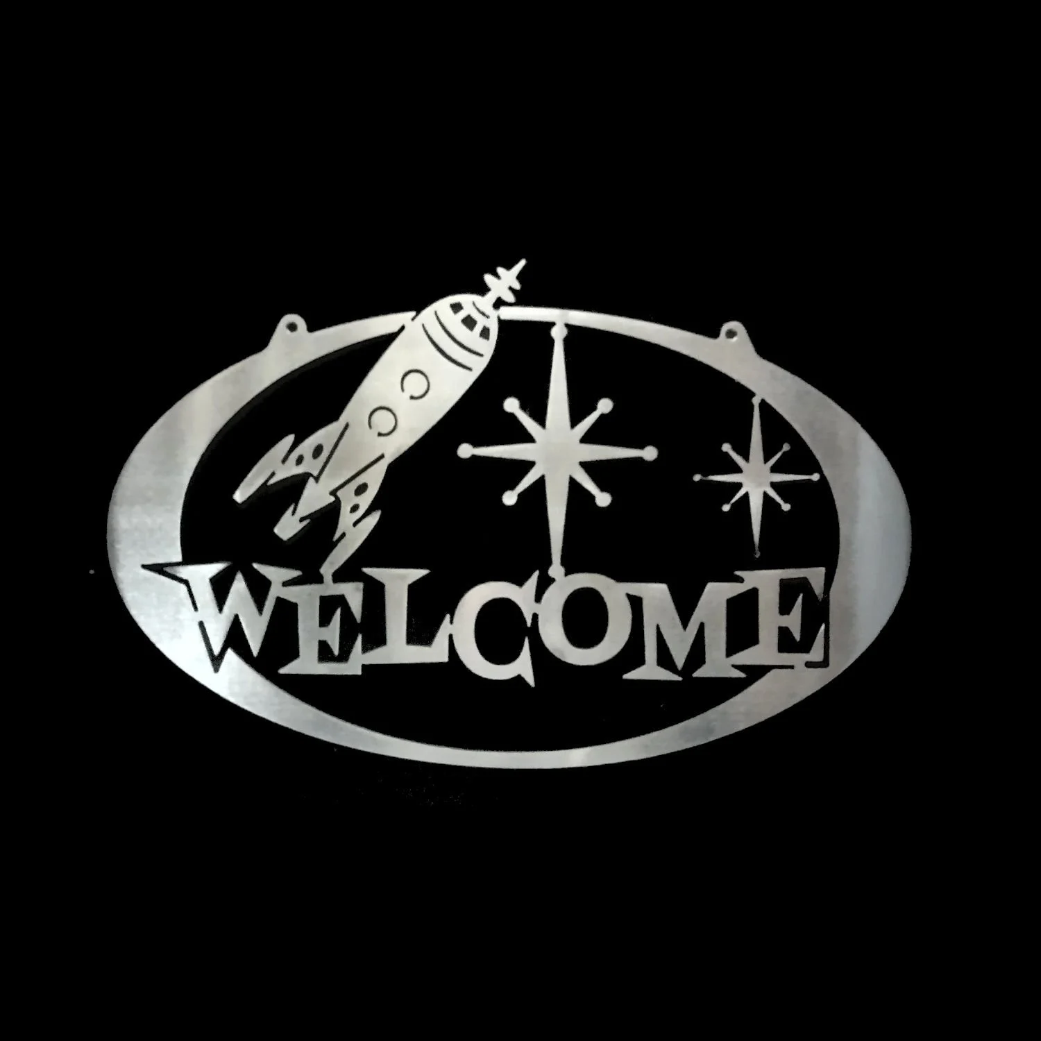 Mid-Century Style Spaceship Welcome Metal Sign