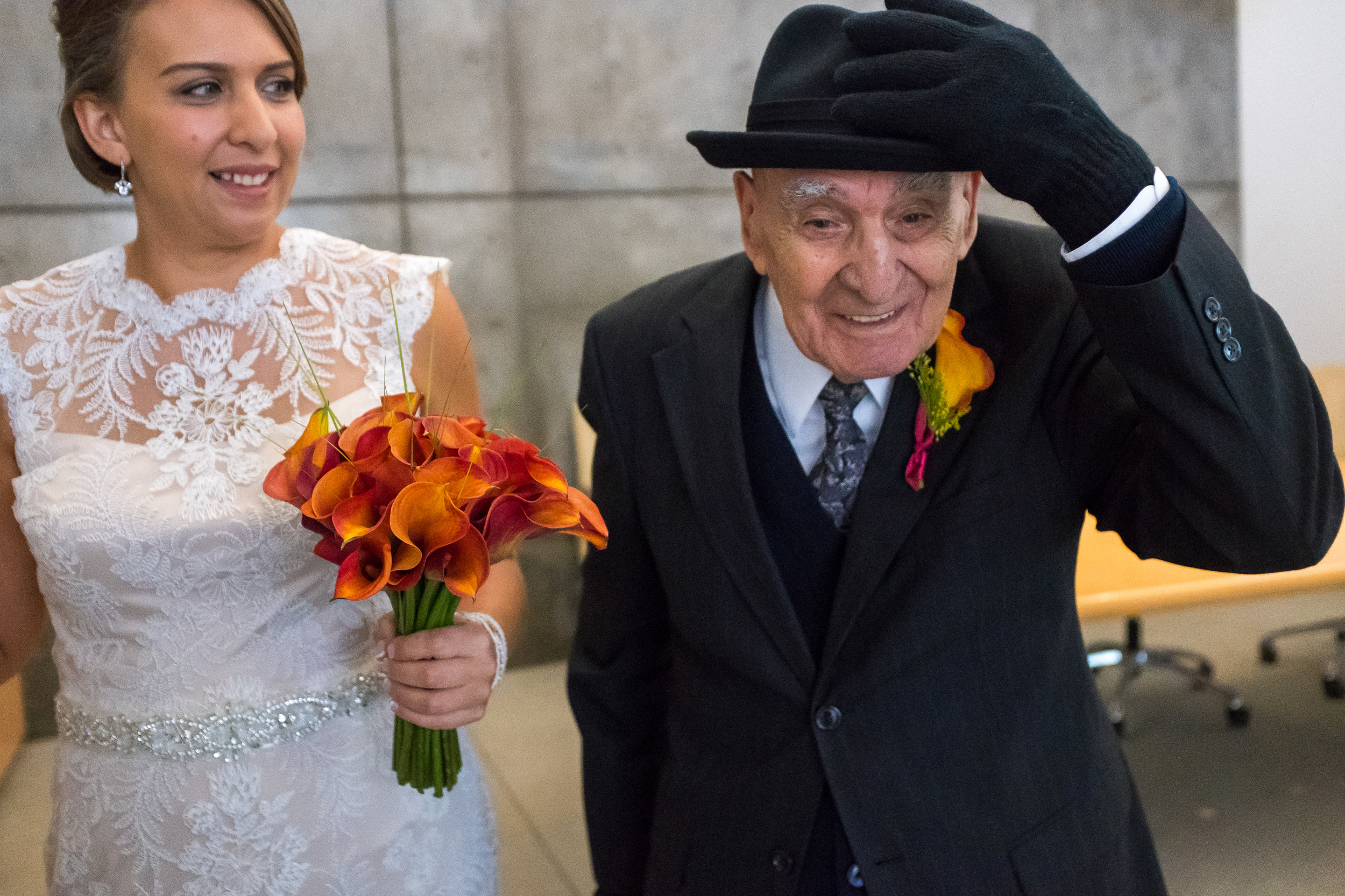 Baldwin Hills bride and grandfather looking happy