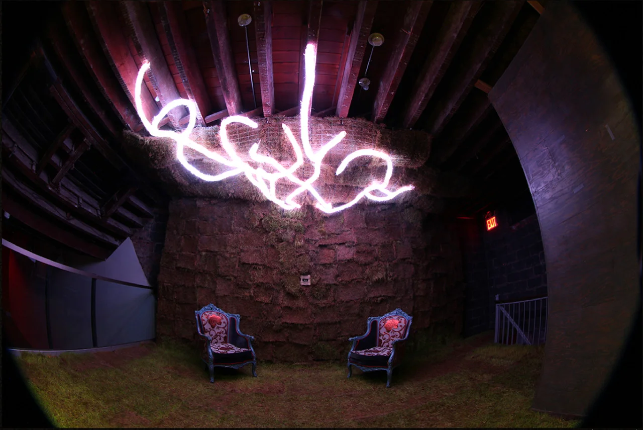 Murmur , 2015 Grass sod, LEDs, remote sensor, rice paper, rope Dimensions Variable