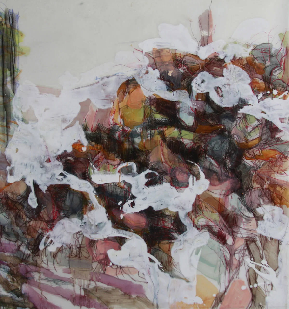 Fluid Obscure , 2014 Charcoal, oil pastel, and enamel on mylar 30 x 32 in. 