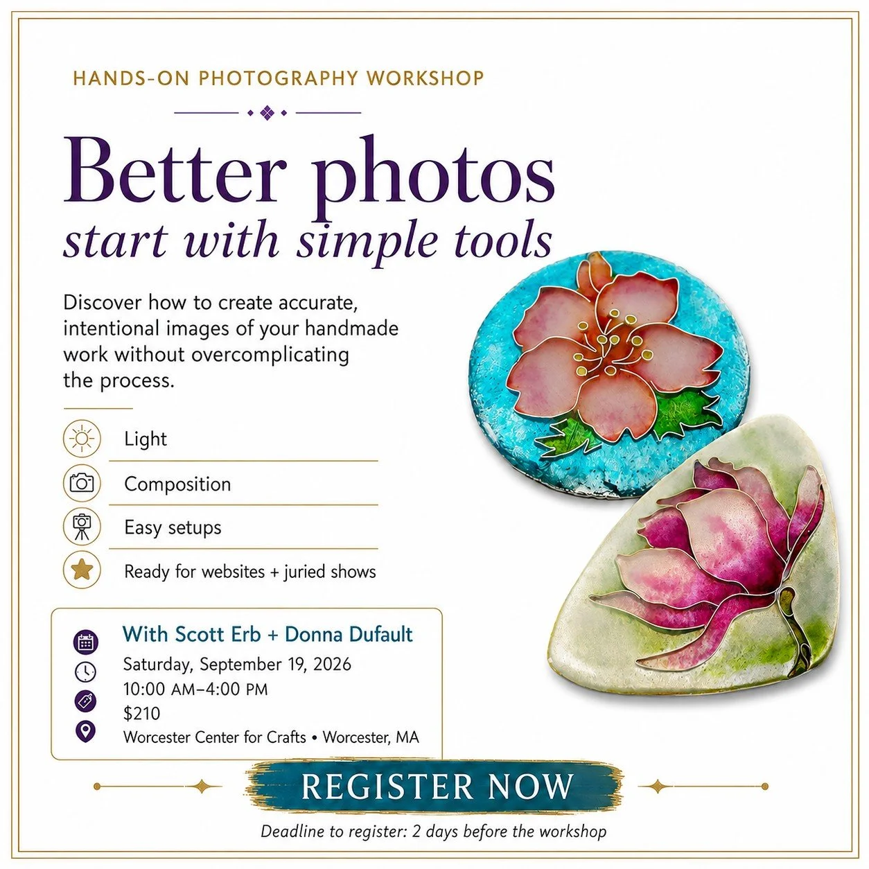 For artists and makers, professional photography is no longer just a marketing extra.

Your photographs are often the first thing a gallery, juror, customer, curator, or prospective client sees.

On September 19, Donna Dufault and Scott Erb will be t