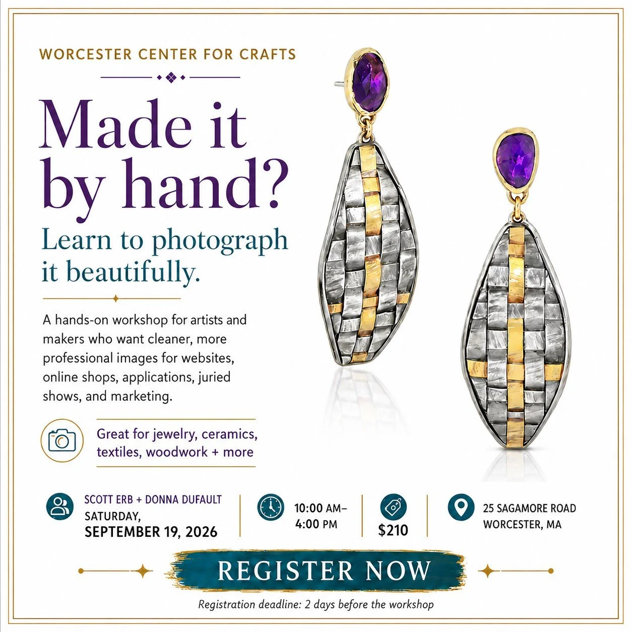 If you make things by hand, you already know how much thought goes into the details.

But photographing that work? That can be a completely different challenge.

On Saturday, September 19, we&rsquo;re teaching a hands-on workshop at Worcester Center 