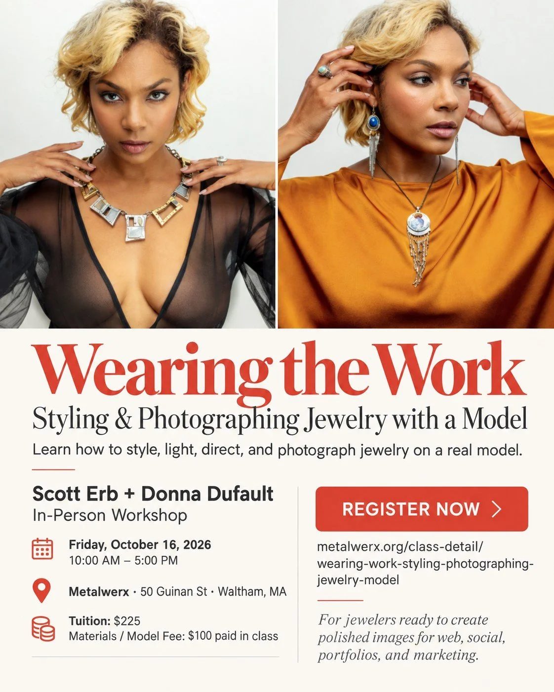 Wearing the Work: Learn how to style, light, direct, and photograph your jewelry on a model. https://metalwerx.org/class-detail/wearing-work-styling-photographing-jewelry-model
