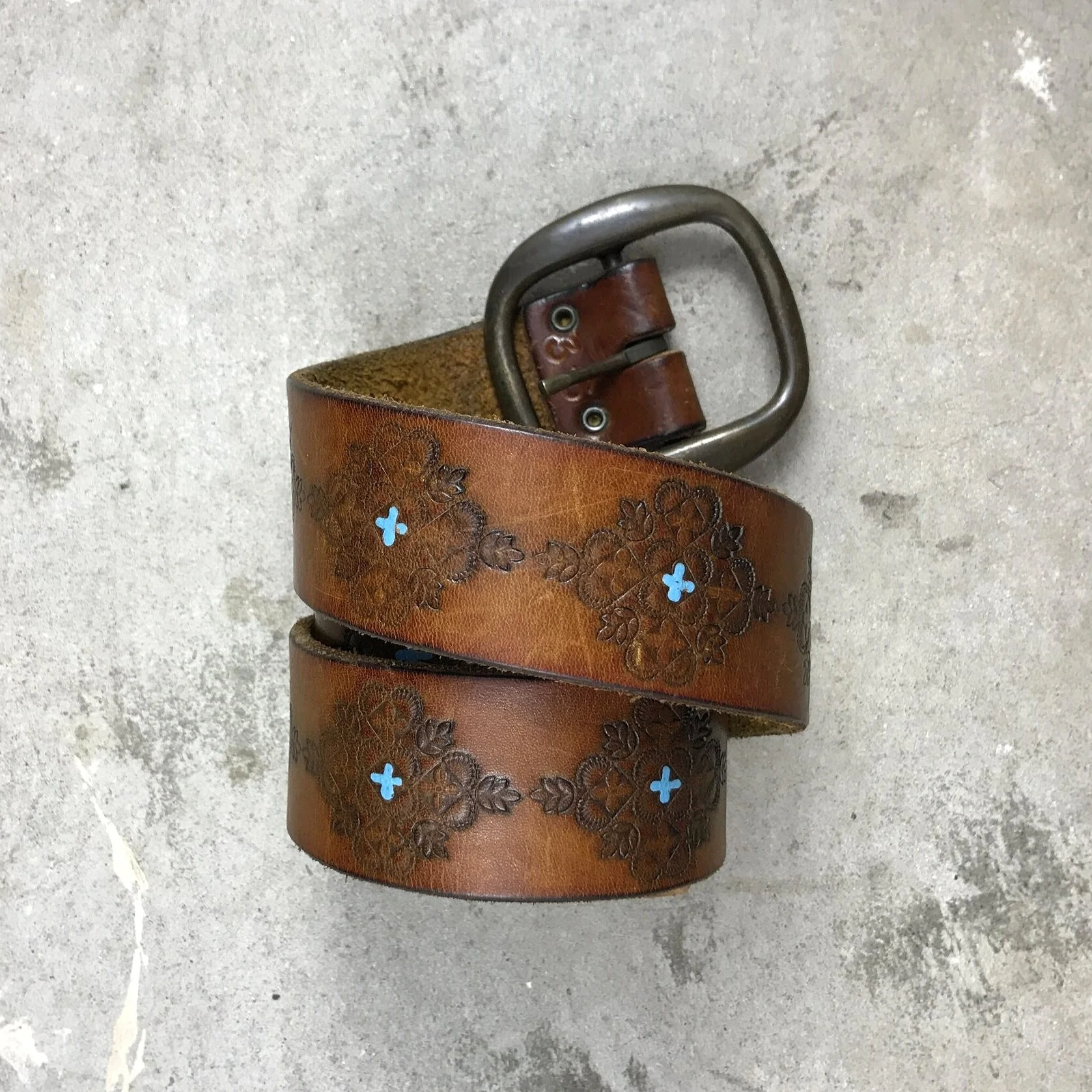 Blue Cross Leather Belt — Silver in the Cloud