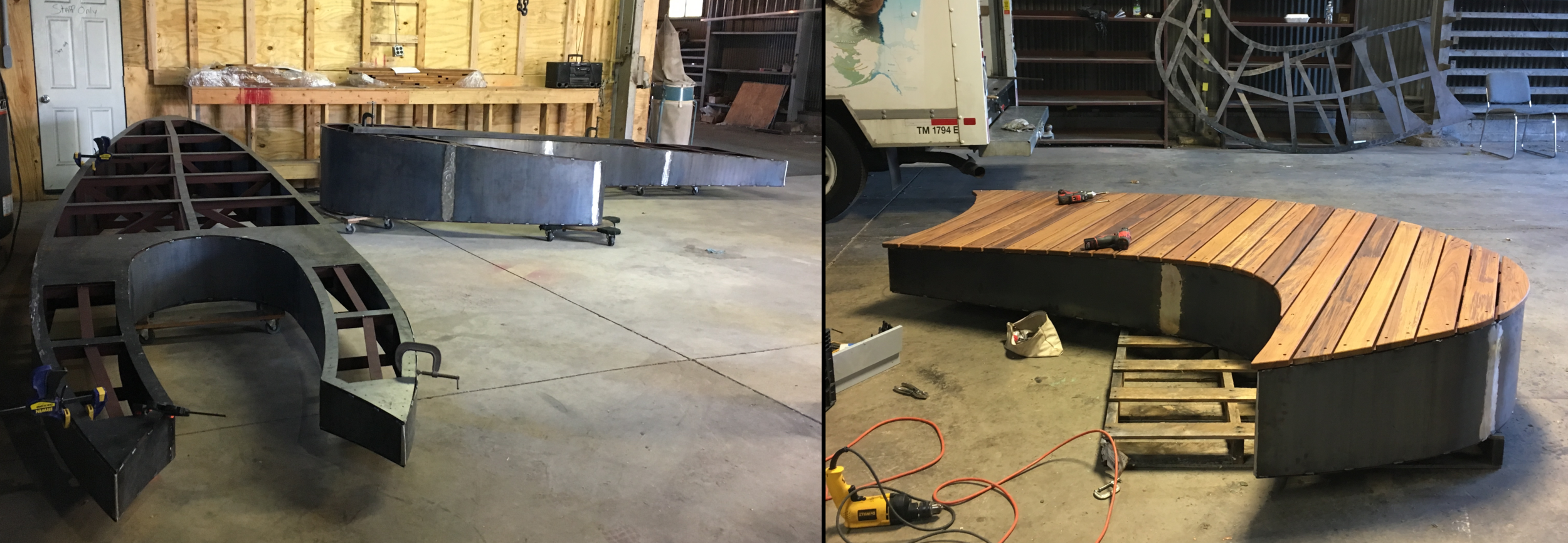 Shadow Benches in progress, from left to right: Winter Solstice, Summer Solstice, and Spring Equinox (completed). The teak looks better than expected and I can't wait to see the wood and Corten steel once weathered in a year or so.
