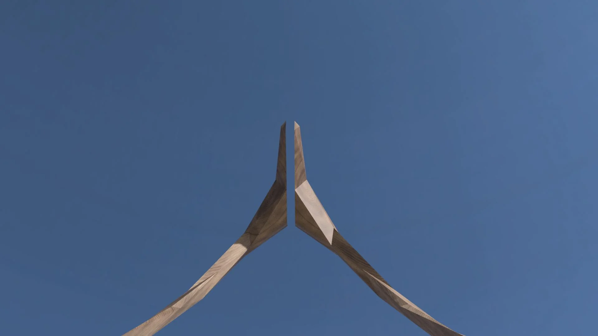 Looking upward, the viewer sees a sliver of the sky separating the halves.