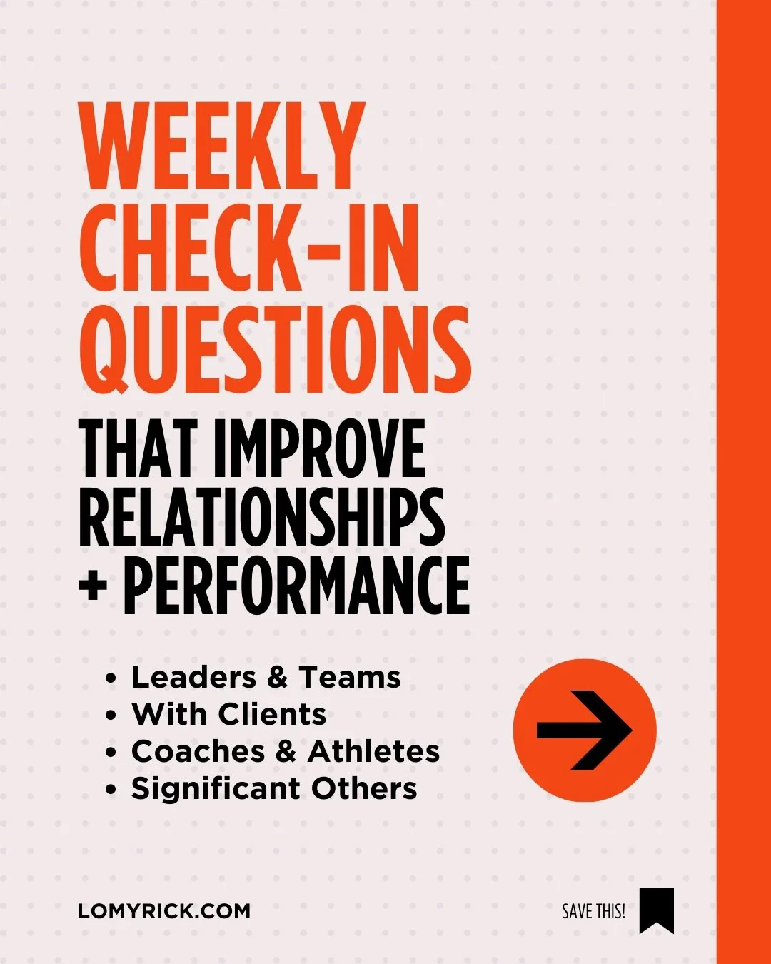 Weekly check-ins = fewer surprises, more engagement, more trust = better results and better performance! 🚀

Whether you&rsquo;re leading a team, working with clients, coaching athletes, or building a life with your person&mdash;one intentional convo