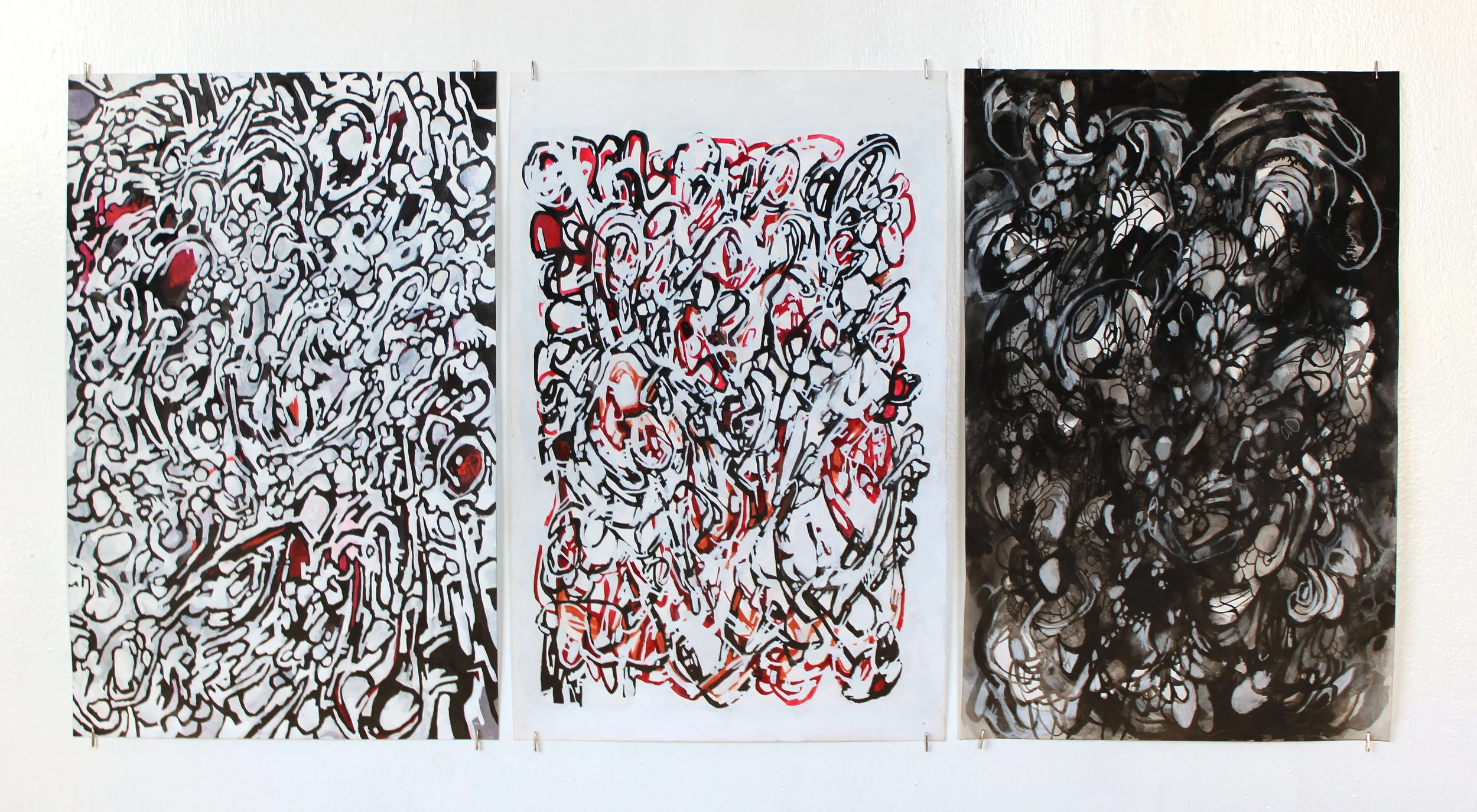 Lightness Darkness Dryness Wetness, 2018, ink charcoal pastel white-out on paper, each 17 x 11 inches