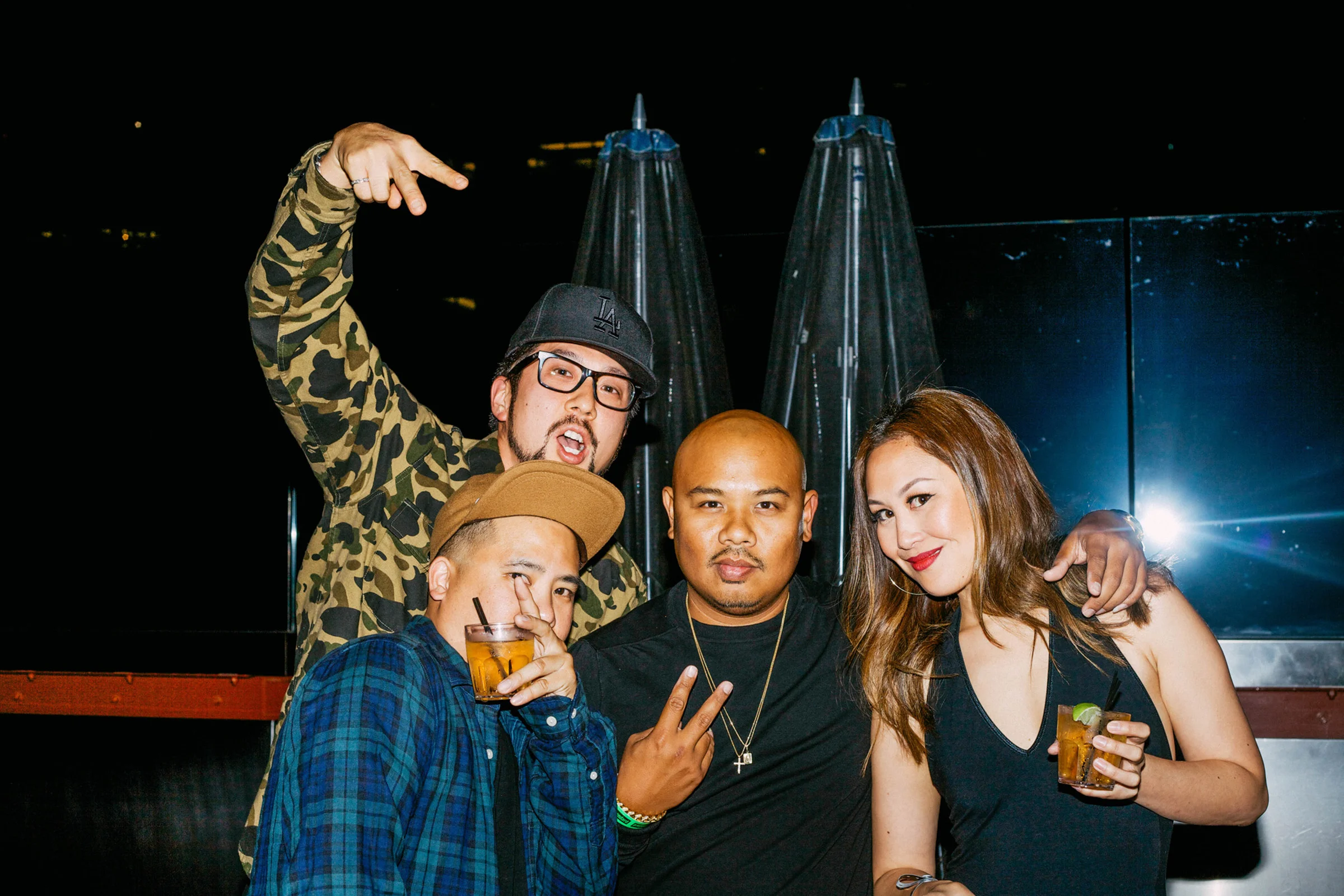 Bam Barcena of HLZ BLZ and GPPR with Dennis Calvero of Crooks & Castles and Peter of AntiHype.TV at #NIGHTSWIMDTLA (Oct 1) presented by SUSPEND Magazine, HLZ BLZ, DOPE Fairfax, Ladies First Events, and LOVE+MADE. / Photo: © Arnelle Lozada