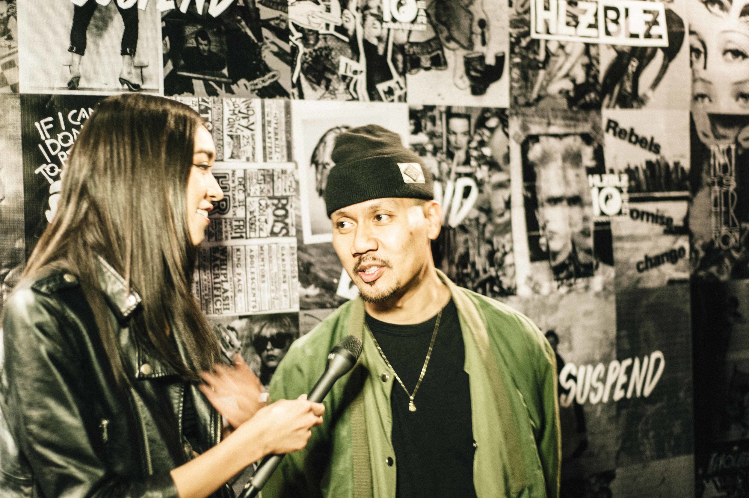  Sam Rea interviewing Emil Soriano of Crooks &amp; Castles at the ISSUE 06 Launch x HLZBLZ 10Year Anniversary (Feb 11) at Globe Theater. / Photo: © Jordan Abapo for SUSPEND Magazine 