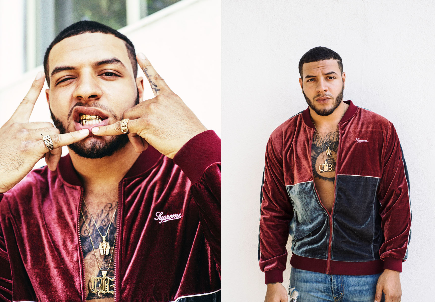  Charles in Supreme 2 Tone Velour Zip Up ( RoundTwo ); model's own jewelry 