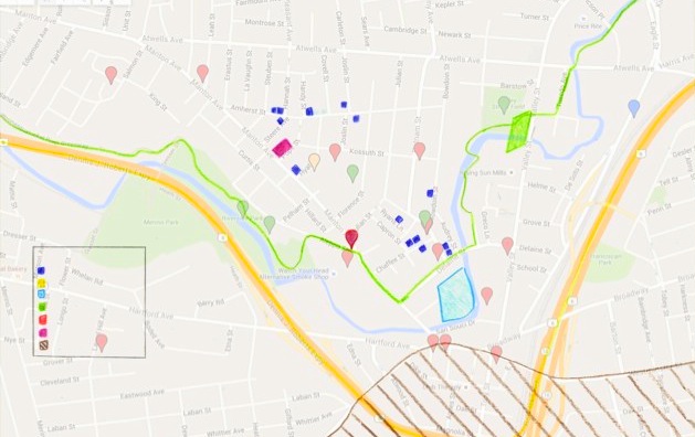 A hand traced map outlining existing organizations, greenways, natural resources, and future proposed developments