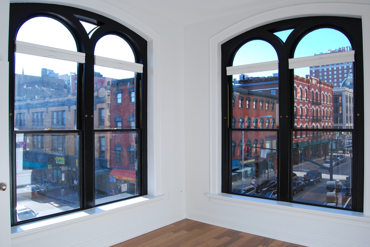 Inside the Teste Building residence, looking out onto down town Providence