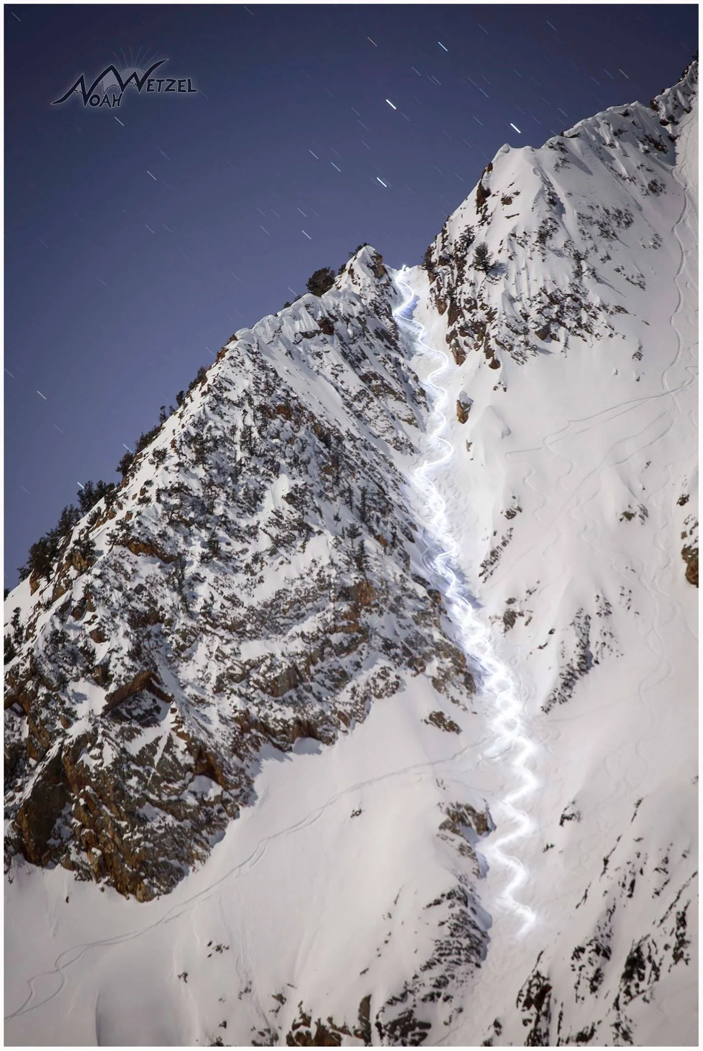 PORTFOLIO IMAGE 3 of 9 Willie Nelson, Lucy Sackbauer, and Chris Brule skiing Suicide Chute underneath a full moon in Little Cottonwood Canyon, Utah. 