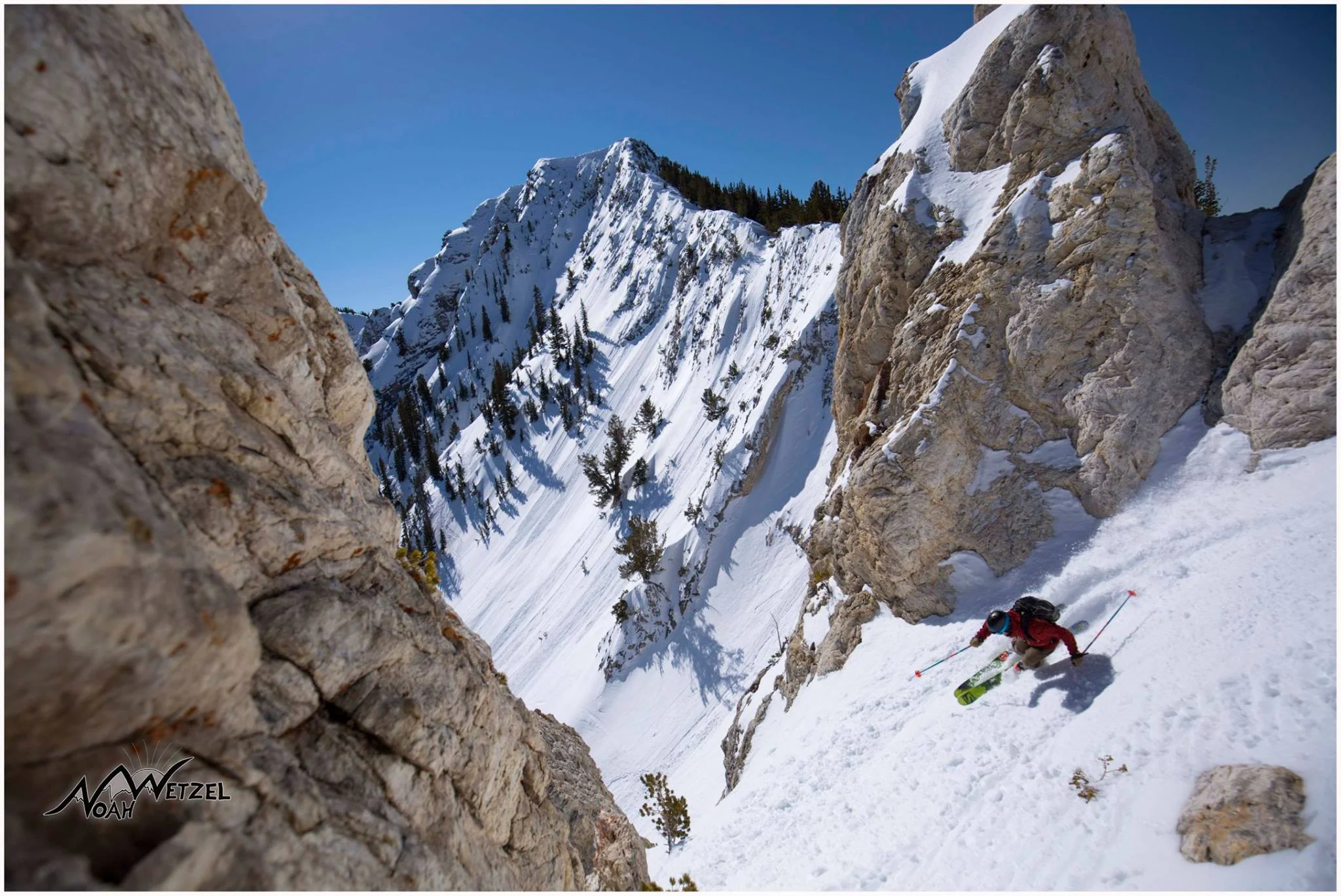 PORTFOLIO IMAGE 5 of 9 CHRIS BRULE skiing a tight disappearing chute on Fantasy Ridge @ Solitude Mountain Resort, Utah. 