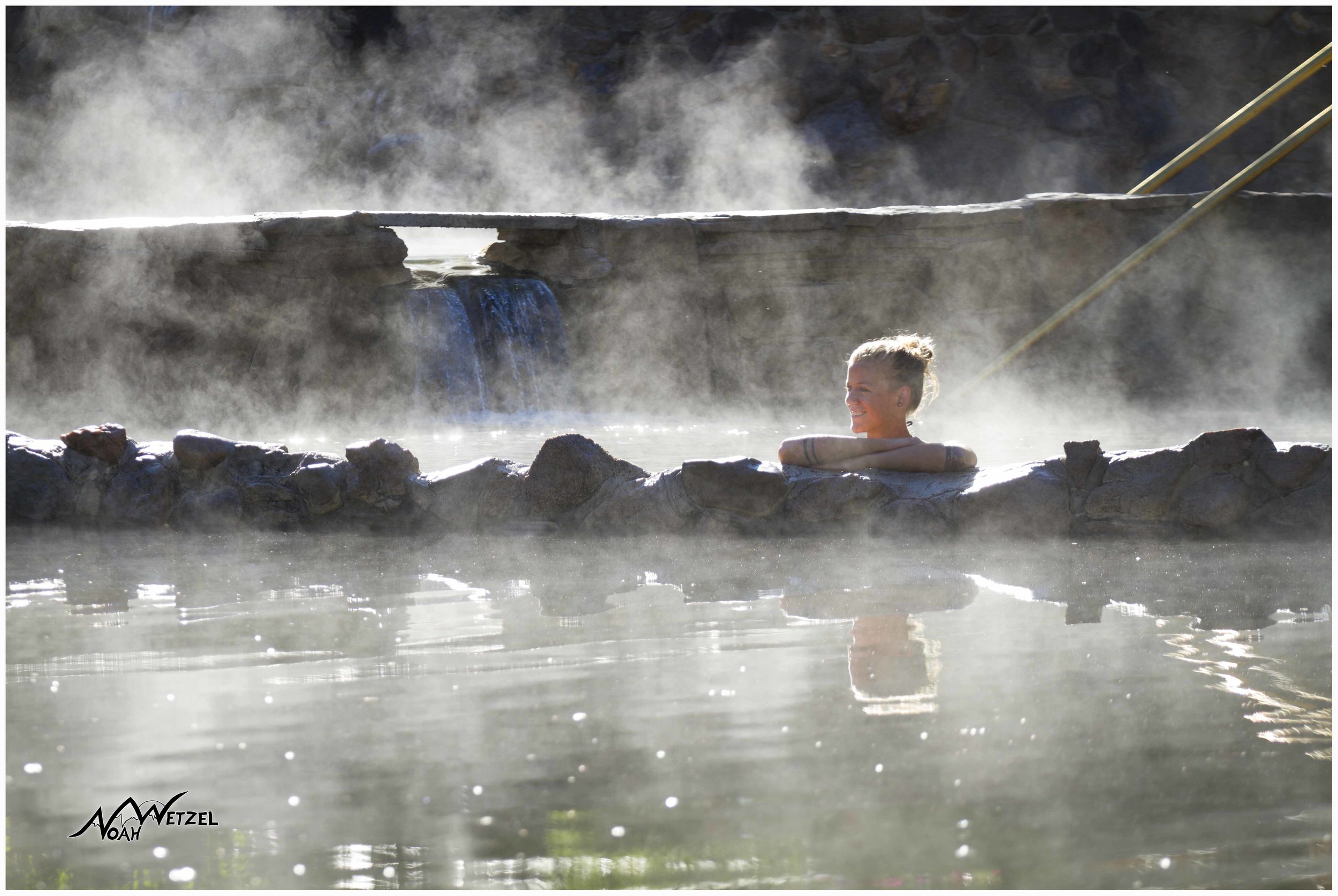 Kelly Northcutt soaking at the Strawberry Park Hot Springs. Colorado