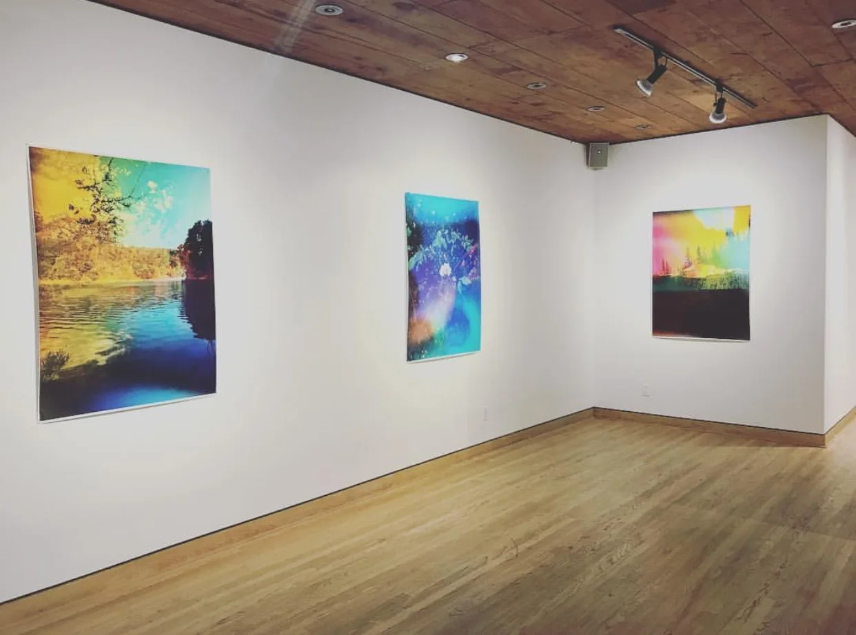Installation view of Multiple Realities / Particular Truth, Flatland Gallery, Houston TX. Left to right: Lake Chabot Aura , Industrial inkjet print on newsprint, 48 x 36 in, 2017. Wild Rose Aura , Industrial inkjet print on newsprint, 48 x 36 in, 2018. Mount Shasta Aura , Industrial inkjet print on newsprint, 48 x 36 in, 2017.