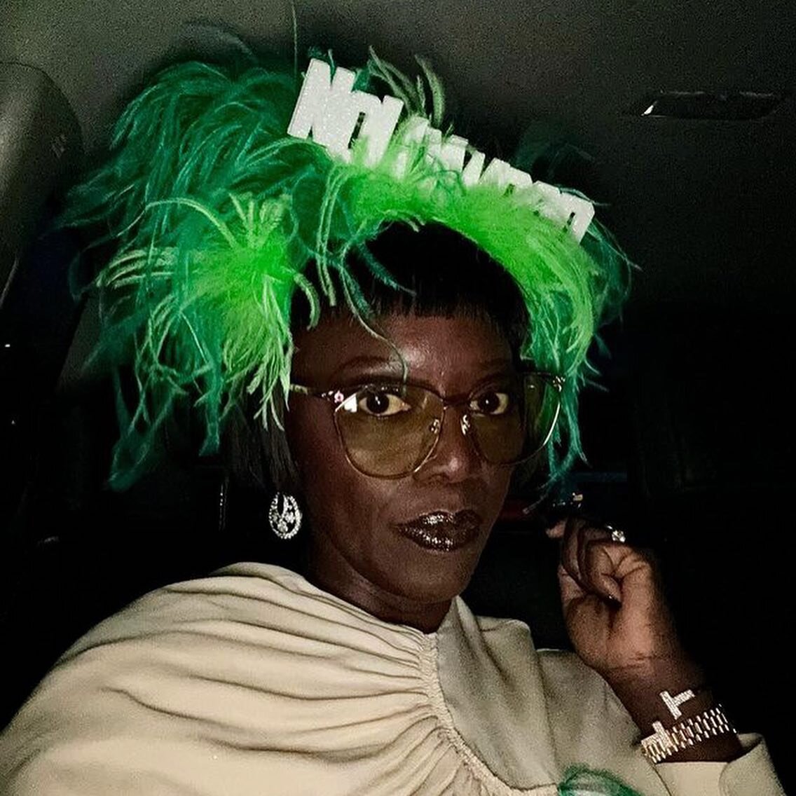 💚 #Iconique - Sal wears a custom #Nollywood headpiece with a #driesvannotten gown and the most amazing glasses! 💚
