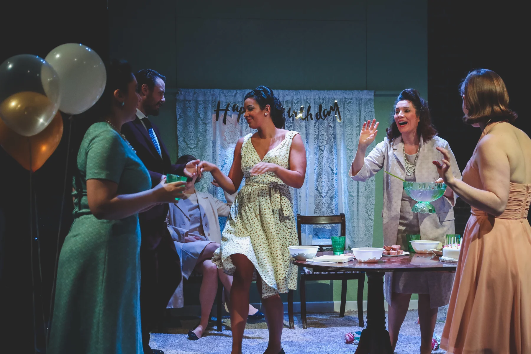 OperaUpClose's Eugene Onegin. Alexandra Stenson, Tom Stoddart, Felicity Buckland, Kathryn Hannah, Caroline Daggett. By Andreas Grieger.jpg